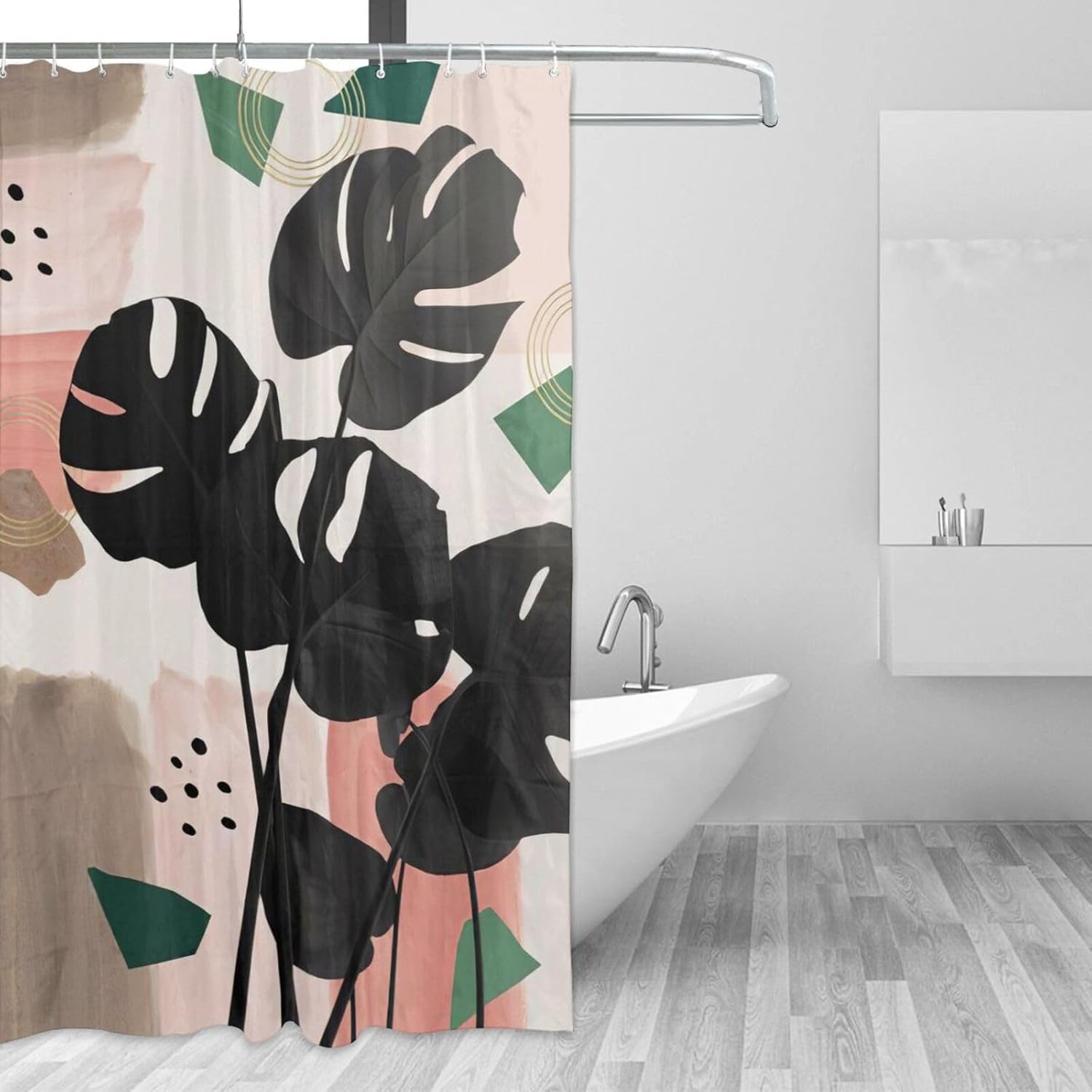 Cortina de ducha bohemia con diseño botánico abstracto de hojas de palmera negra, tela de poliéster, impermeable, de mediados de siglo, con ganchos,