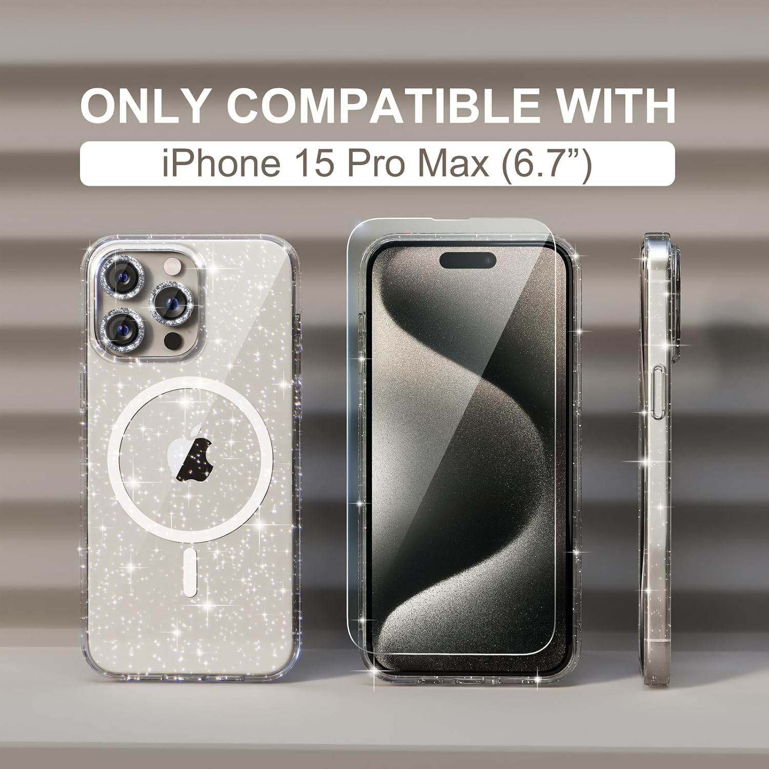 Choiche Funda magnética para iPhone 15 Pro Max, funda transparente con purpurina brillante para mujer, 3 protectores de lente de cámara de diamante