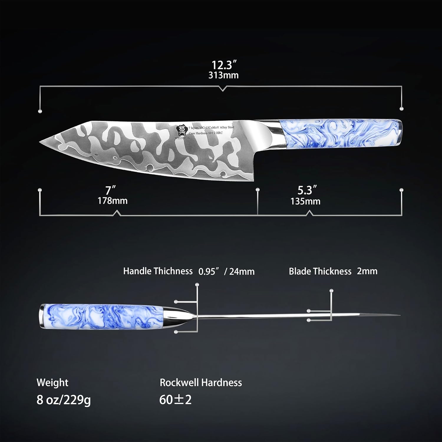 WILDMOK Santoku – Cuchillo de cocina japonés de acero aleado de 7 pulgadas, 7 capas, cuchillo de cocina ultra afilado con mango de resina