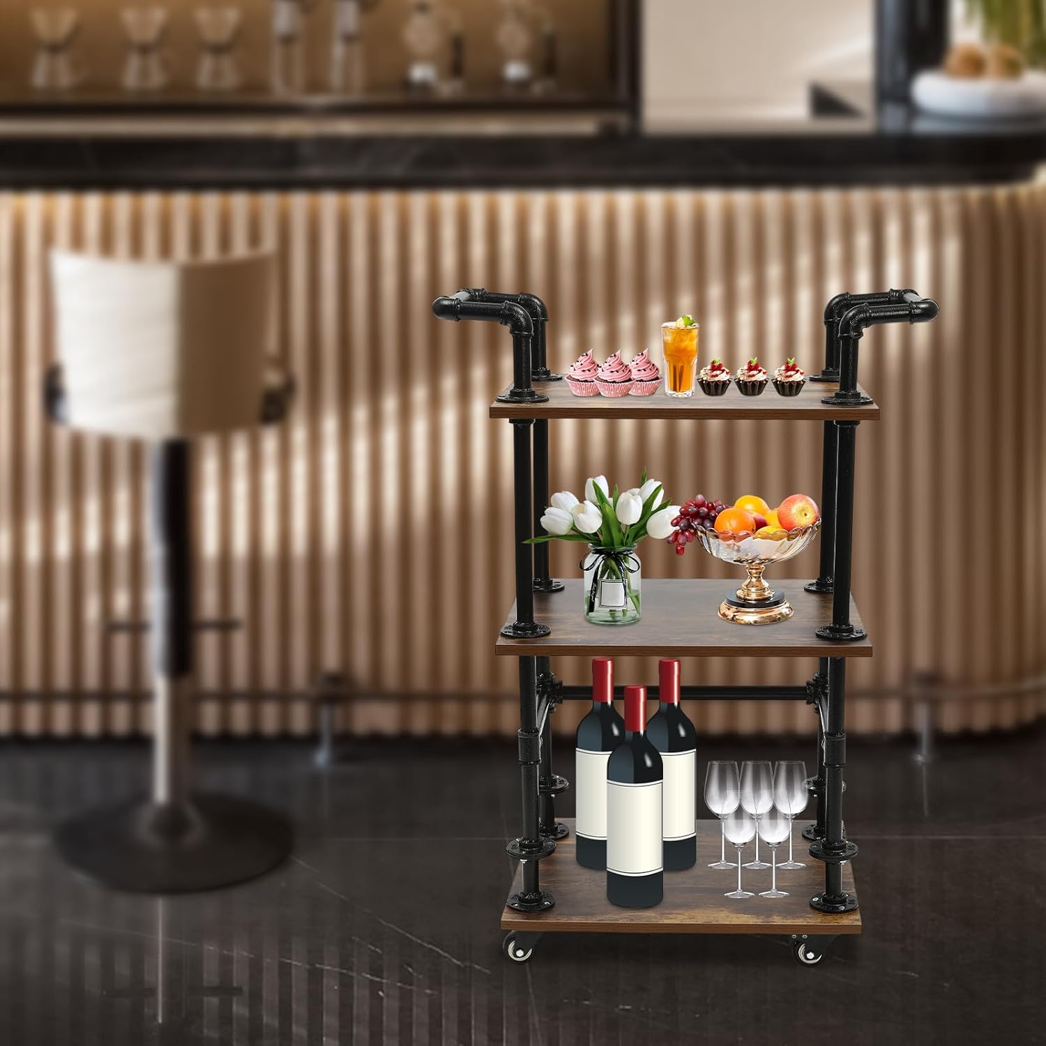 Carrito de servicio de barra industrial, carrito de almacenamiento de isla de cocina de 3 niveles con ruedas, carrito de metal multifunción con