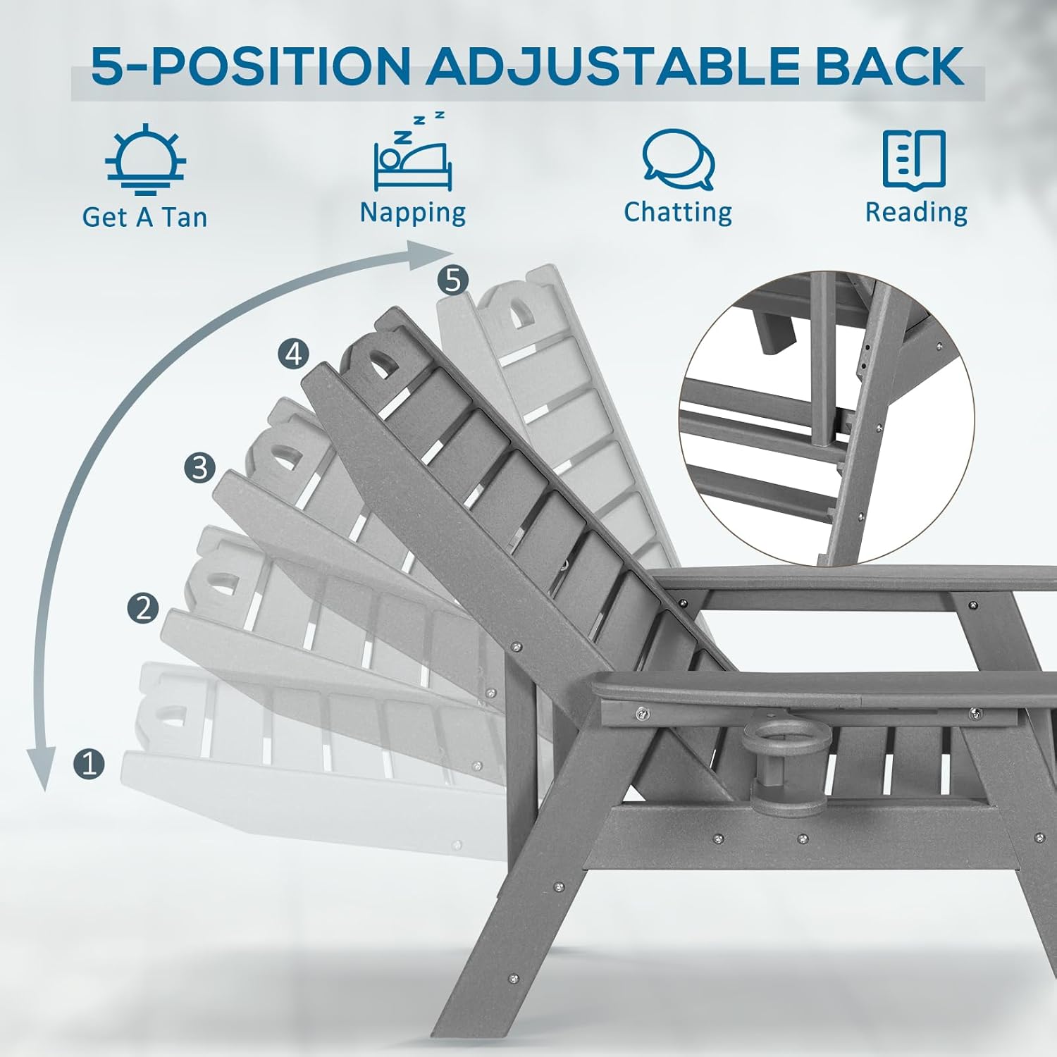nalone Chaise Lounge para exteriores con respaldo ajustable de 5 posiciones, silla de descanso de polietileno de alta densidad para soportar