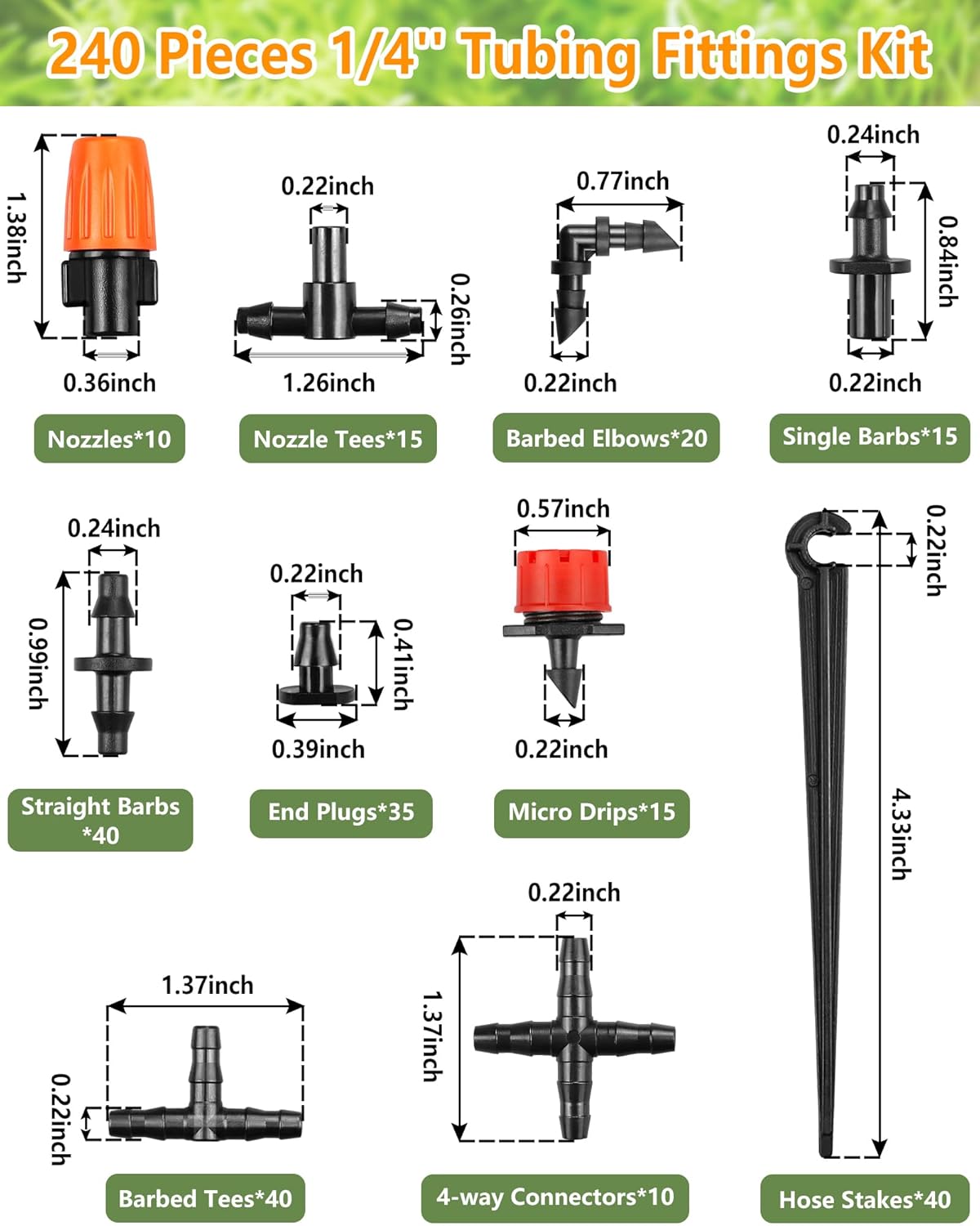 Kit de accesorios de riego por goteo para tubos de 14 pulgadas, 240 conectores de línea de goteo para sistemas de goteo, boquillas, micro goteo,