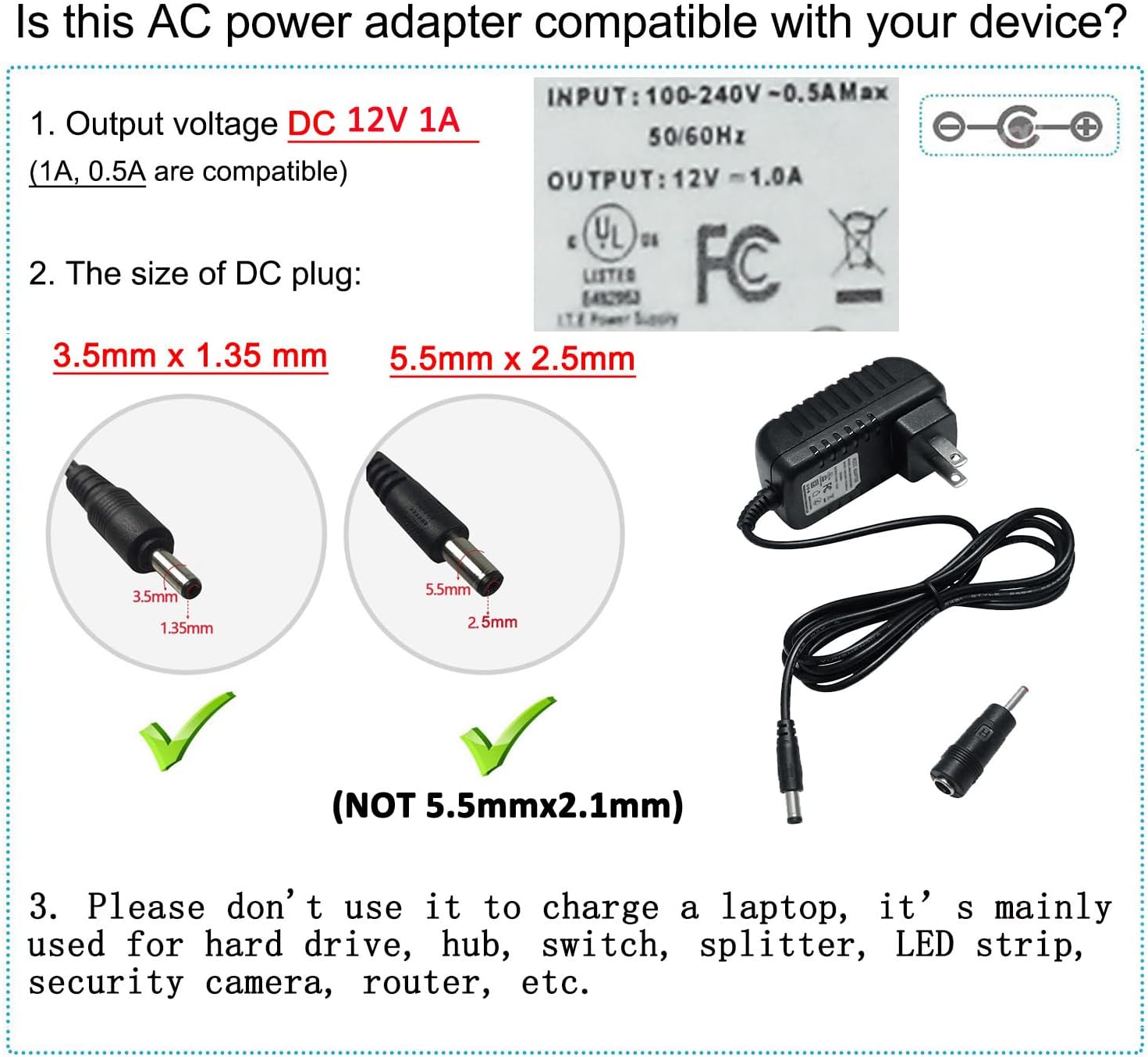 DCHAV Fuente de alimentación de 12V 1A Adaptador de CA a CC 100-240V 50-60Hz Cable de alimentación Transformador 0.217 in x 0.098 in 0.138 in x