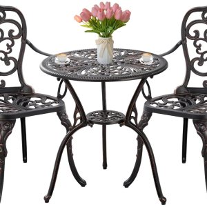 Withniture Bistro – Juego de 3 piezas de mesa y silla de bistró al aire libre, juego de 2 muebles de patio de aluminio fundido con agujero para Withniture Bistro – Juego de 3 piezas de mesa y silla de bistró al aire libre, juego de 2 muebles de patio de aluminio fundido con agujero para