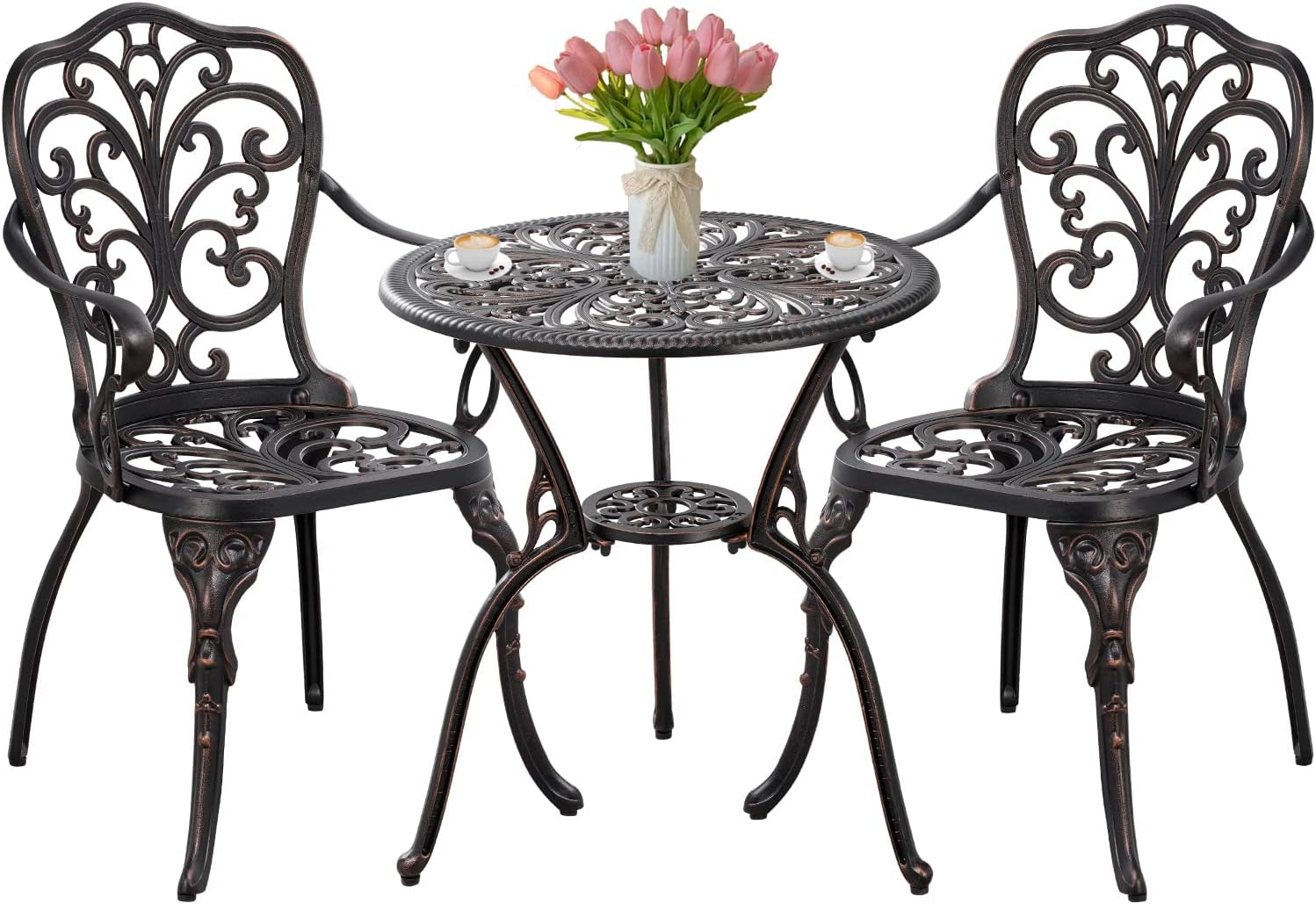 Withniture Bistro – Juego de 3 piezas de mesa y silla de bistró al aire libre, juego de 2 muebles de patio de aluminio fundido con agujero para
