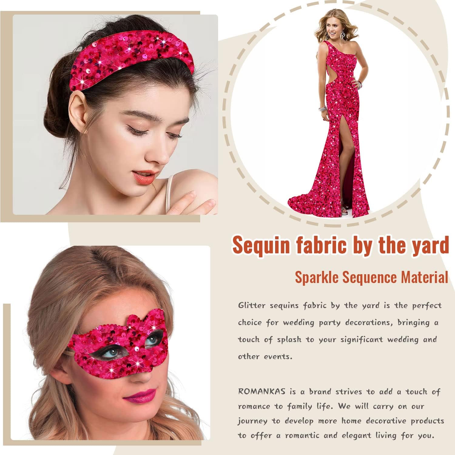 ROMANKAS The Yard – Tela de terciopelo rosa intenso de 2 yardas para coser, tela de lentejuelas brillantes, material de purpurina de sirena, tela