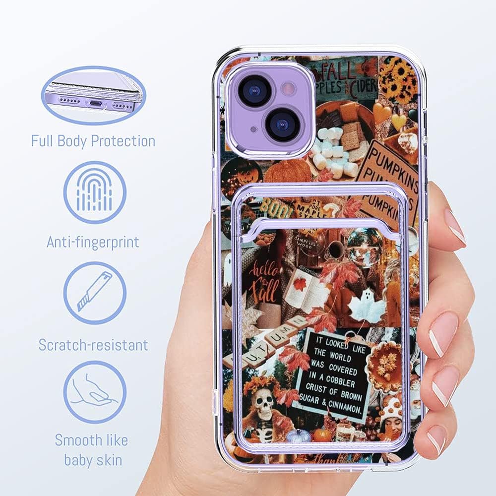 Funda estética para iPhone 14 con tarjetero, diseño retro de otoño tropical, diseño de calabaza, diseño moderno y moderno, funda de regalo de TPU