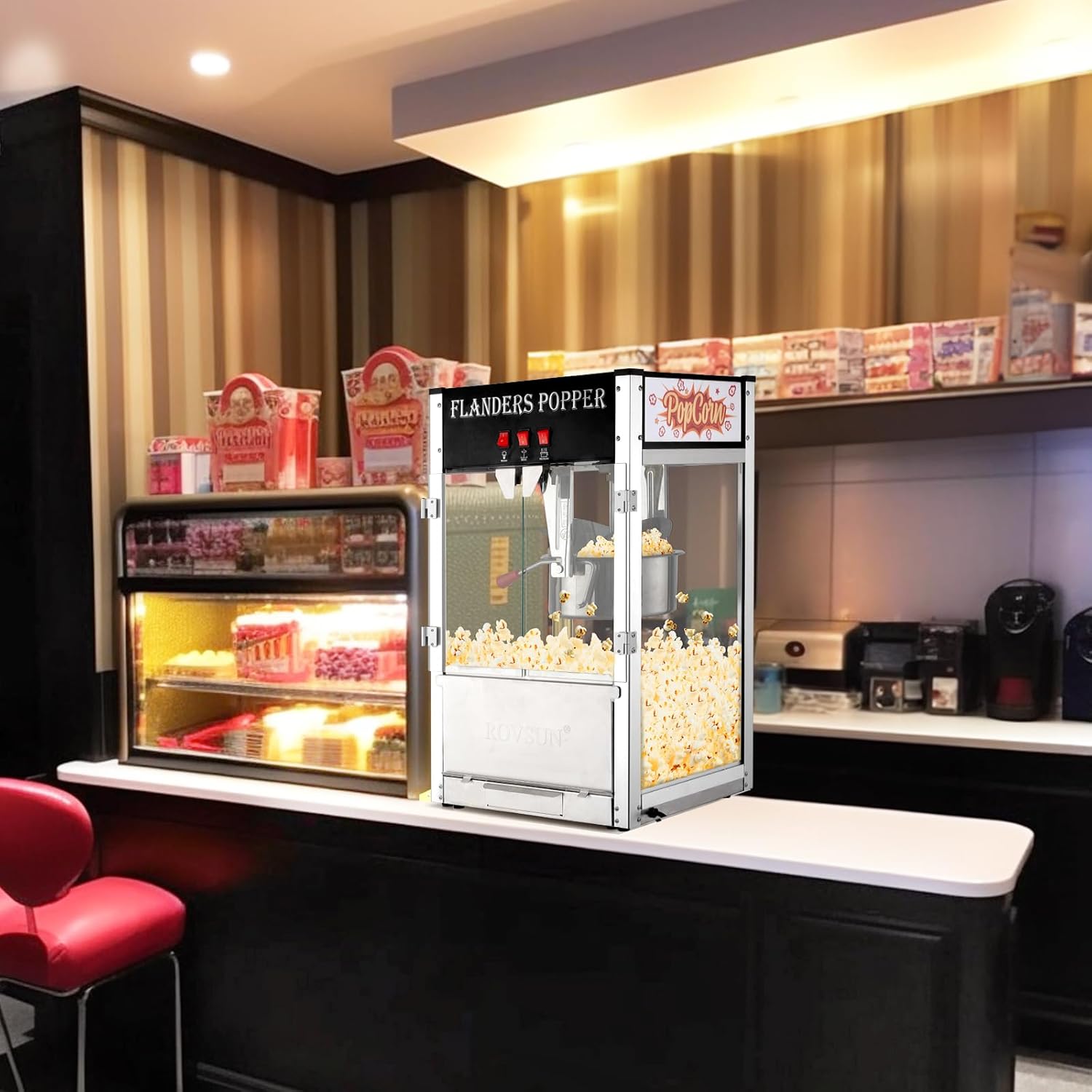 ROVSUN Máquina de palomitas de maíz con hervidor de 12 onzas que hace hasta 80 tazas, máquina comercial de palomitas de maíz para encimera con