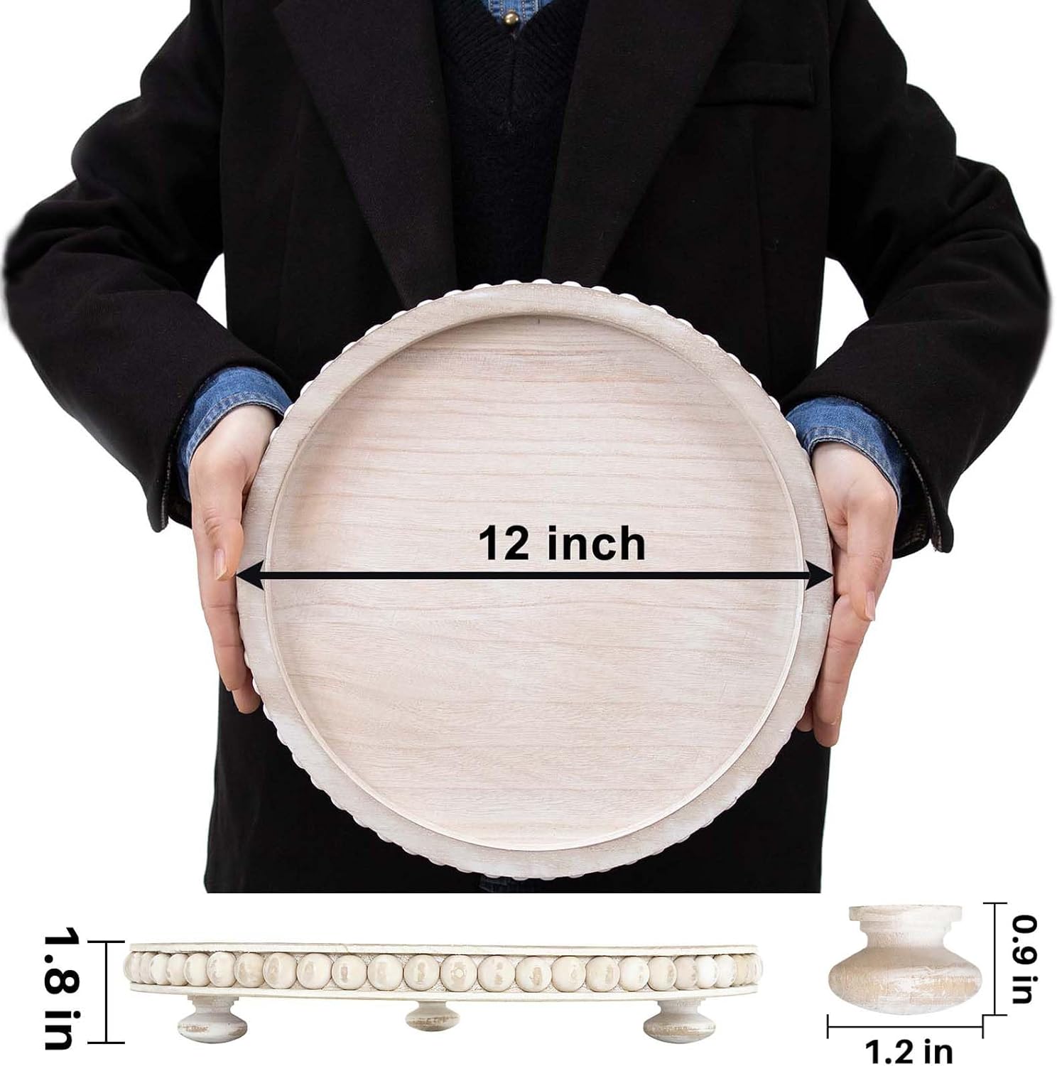 Qiannhee Bandeja decorativa redonda, bandeja de madera de 12 pulgadas para decoración del hogar, bandeja de cuentas de madera blanca para