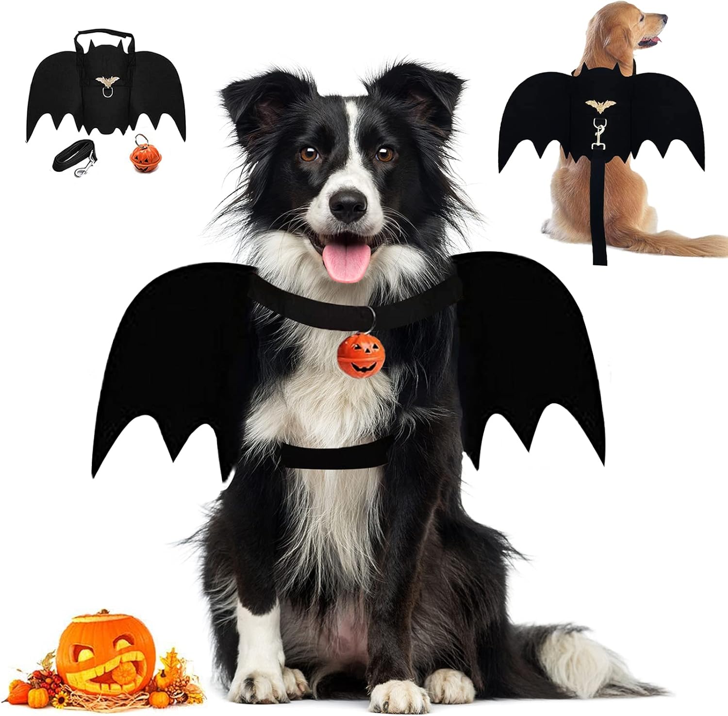 Alas de murciélago para perro, disfraz de Halloween para perros medianos y grandes, ropa divertida para perros con correas y campanas de calabaza,