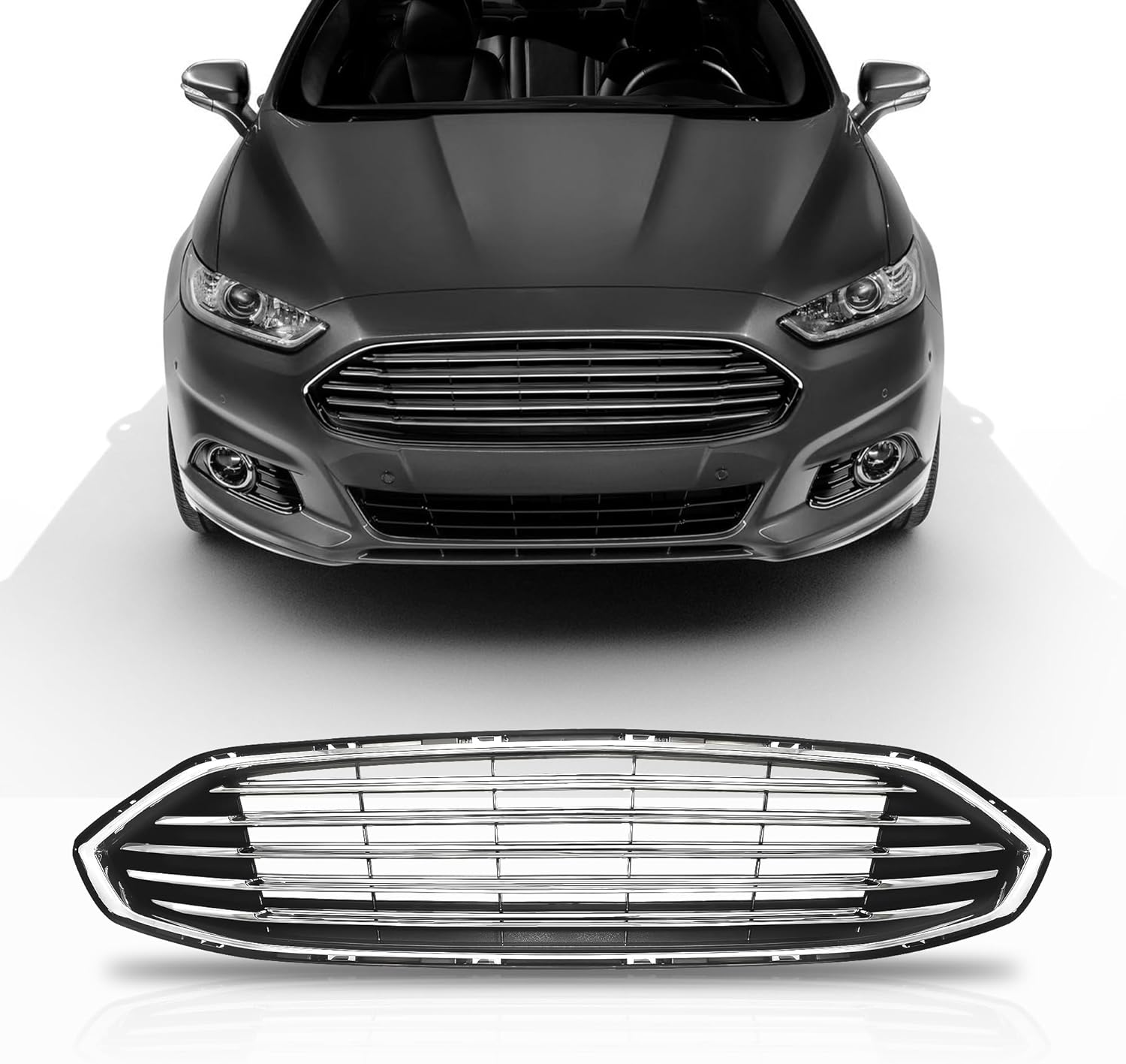 Rejilla compatible con Ford Fusion 2017 2018 Horizontal Chrome Silver Grill
