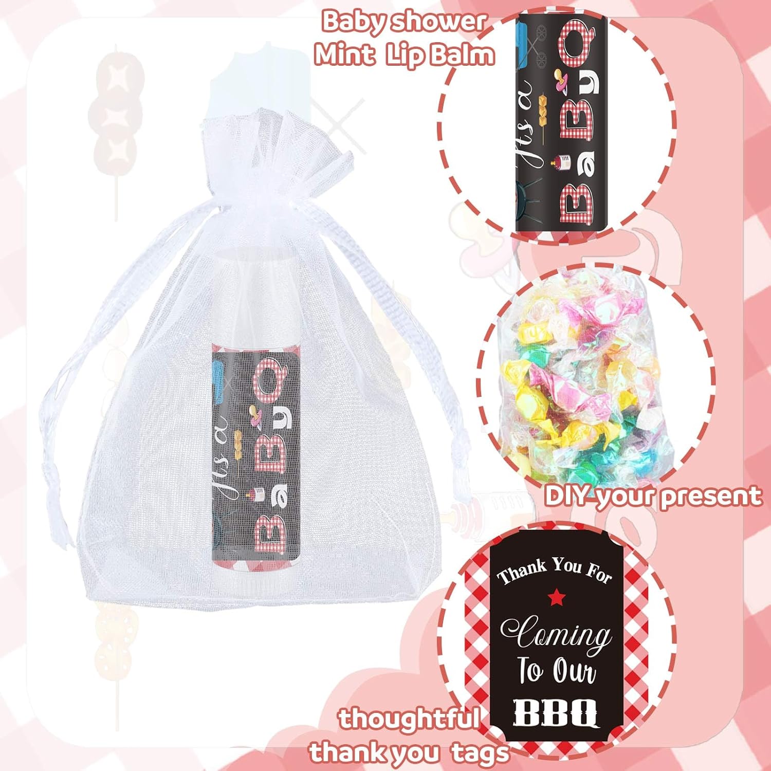 Demissle Juego de 50 bálsamos labiales para baby shower, con 100 bolsas de organza, recuerdo de fiesta de baby shower, cuerda de agradecimiento para