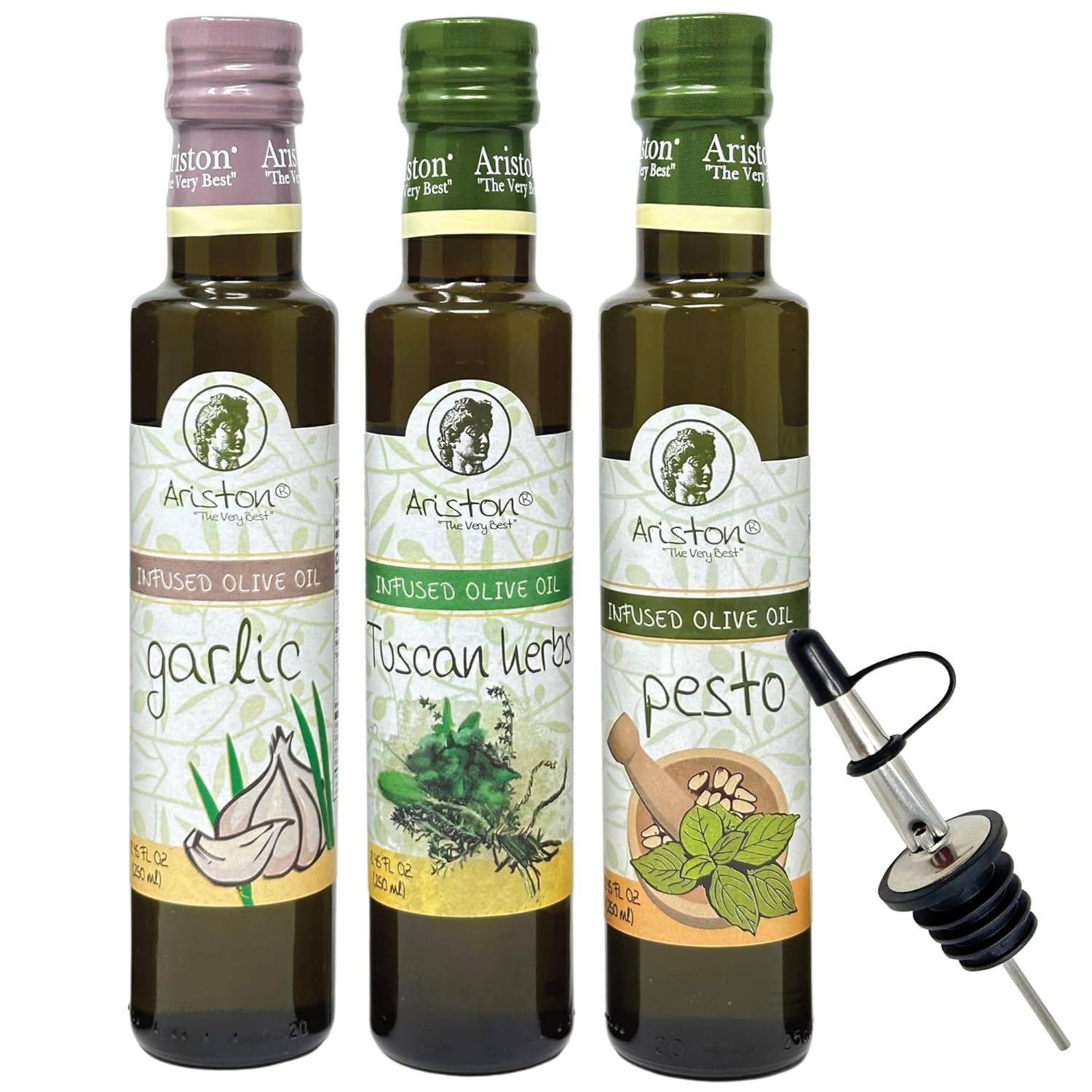 Ariston Specialties – Juego de aceite de oliva infundido con (1) aceite de oliva con infusión de ajo de 8.45 onzas, (1) aceite de oliva con sabor a