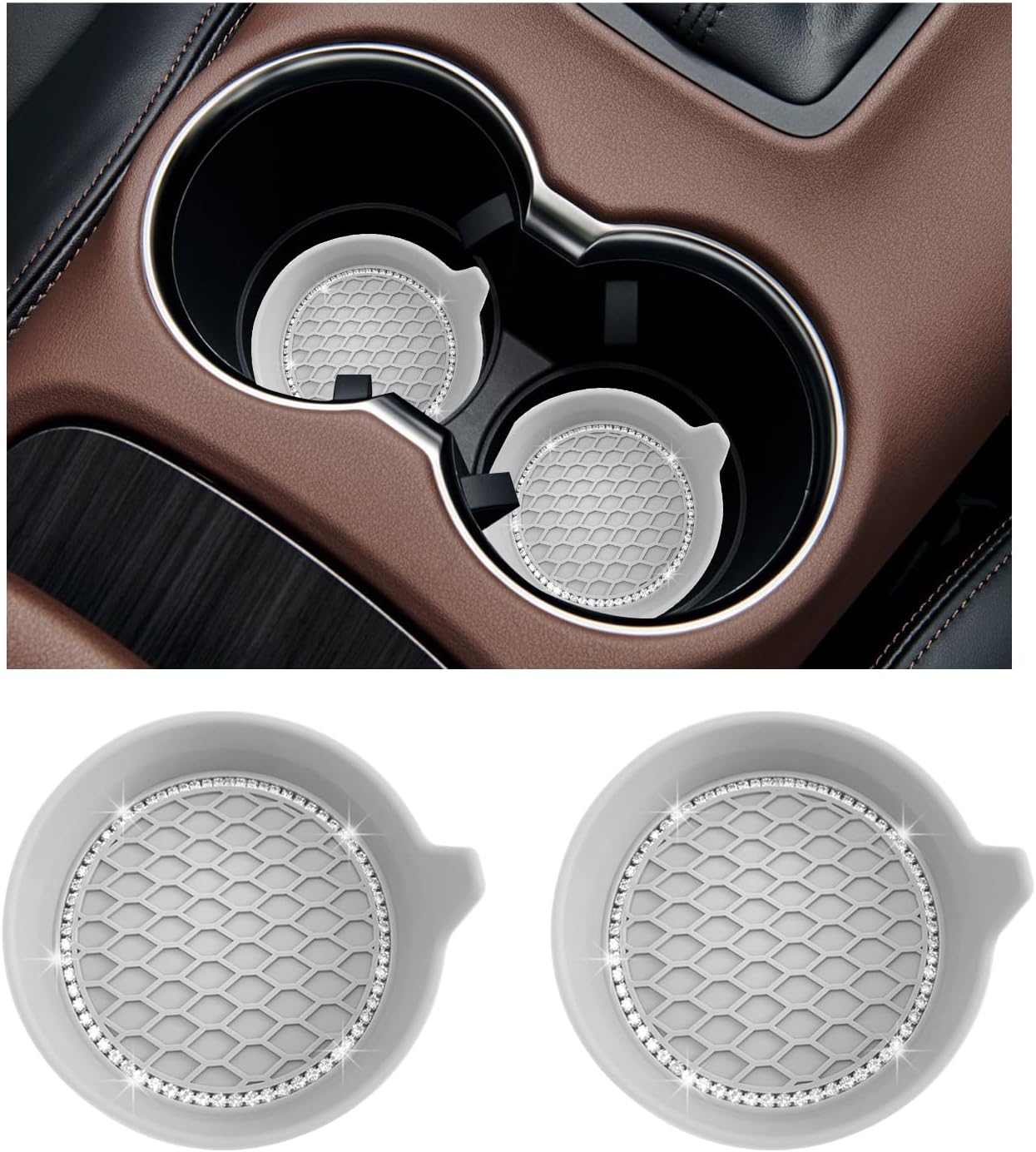 Ziciner 2 portavasos para automóvil, 3.15 pulgadas, de silicona, antideslizante, con inserción automática, tapete de cristal con diamantes de