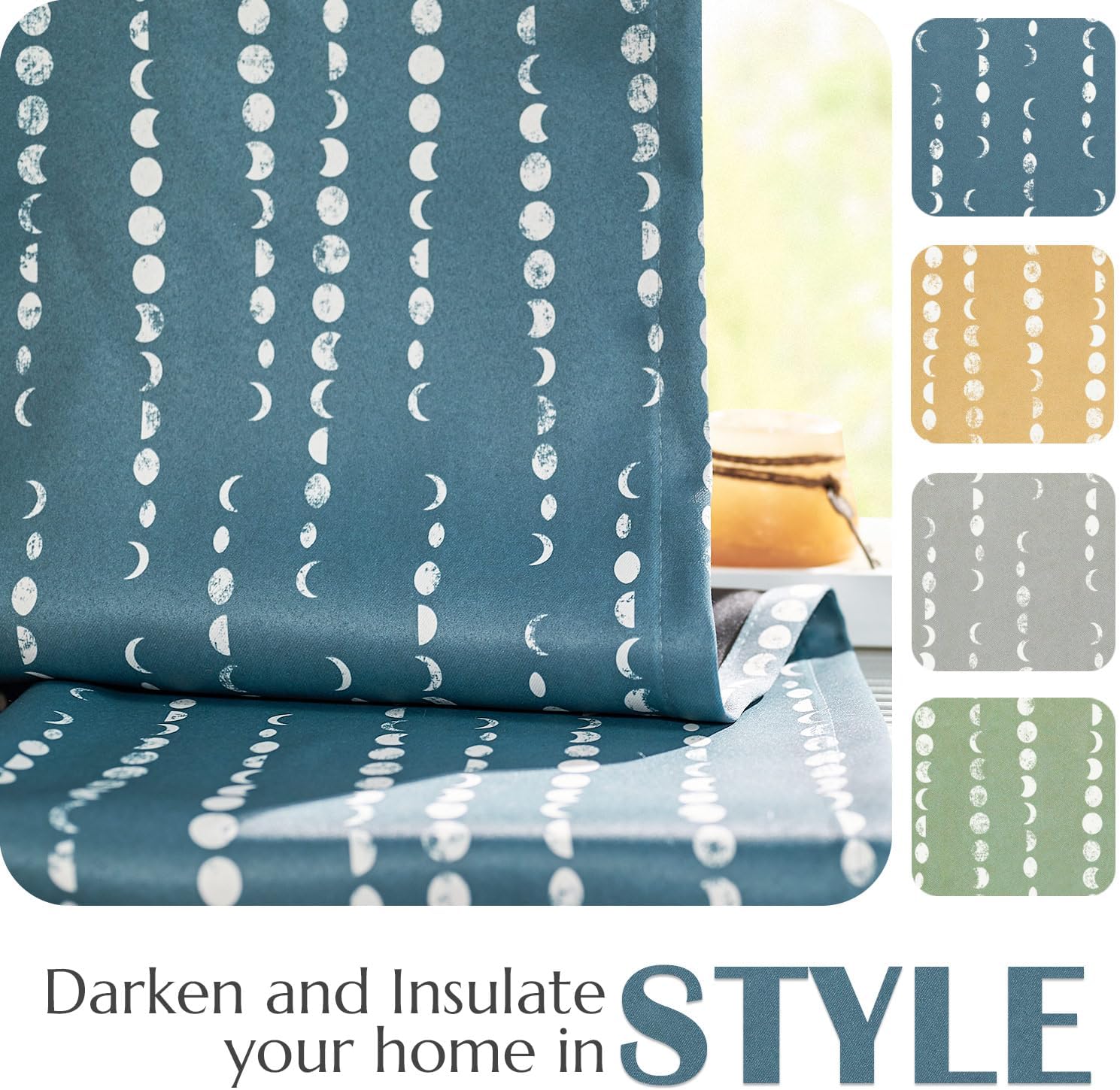 jinchan Cortinas bohemias 100% opacas con estampado de fases lunares de 63 pulgadas de largo, cortinas azules con bolsillo para barra, pestañas