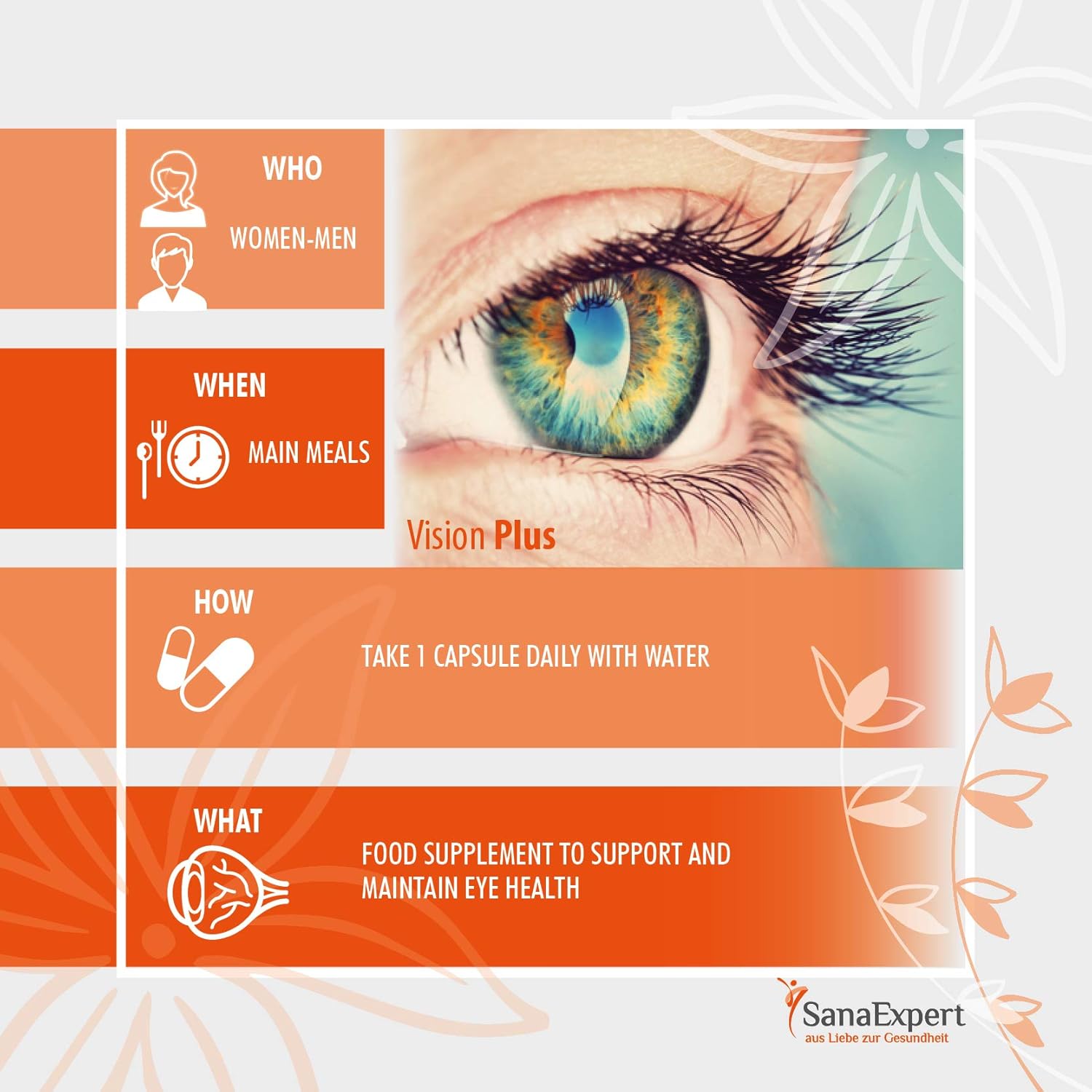 SanaExpert Vision Plus, Suplemento para el nervio óptico, la visión y la salud ocular, con caléndula, luteína, zeaxantina, coenzima Q10, vitaminas A