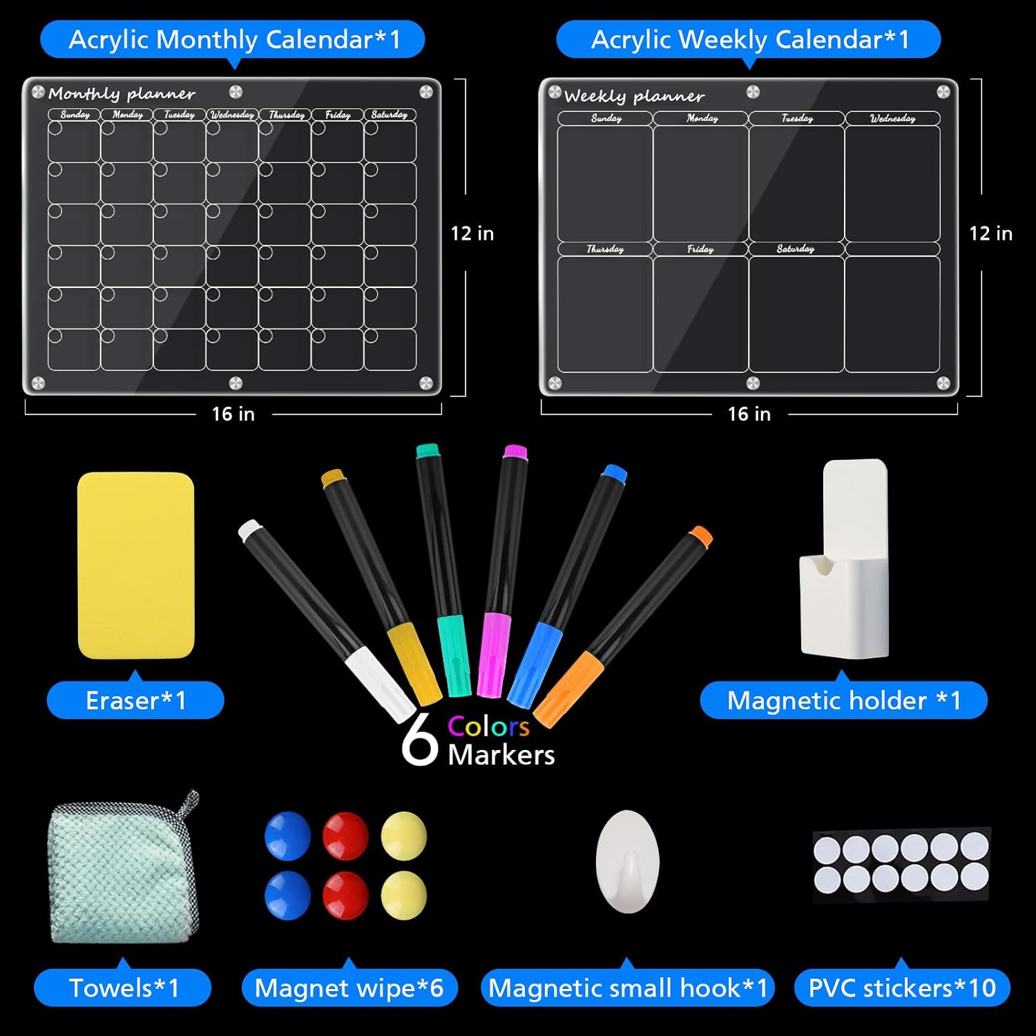 CSIHOP Calendario acrílico para refrigerador H2.0, calendario magnético transparente para nevera, 2 piezas, calendario reutilizable para