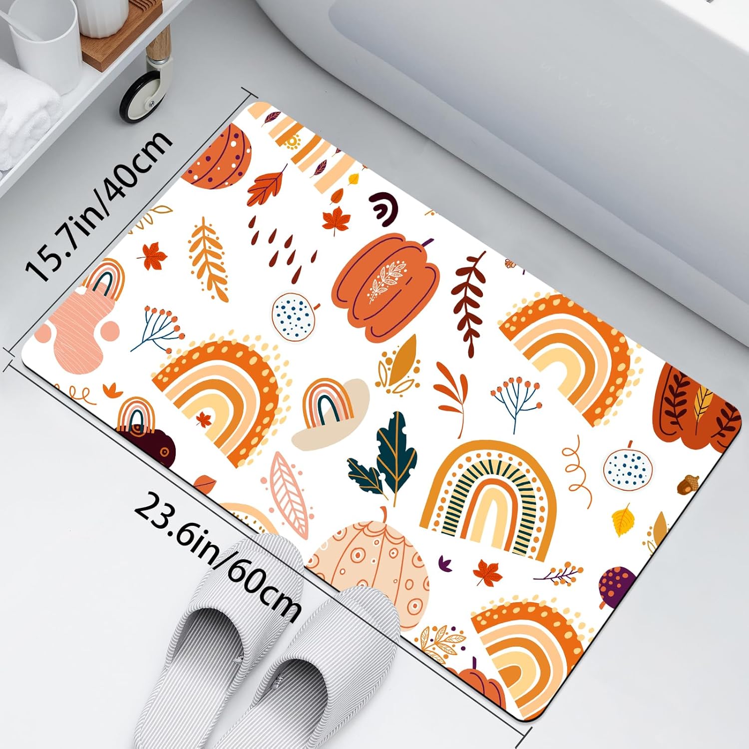 MEHOFOND Tapete de baño bohemio con diseño de arco iris, abstracto, minimalista, geométrico, de mediados de siglo, calabaza, decoración de baño,