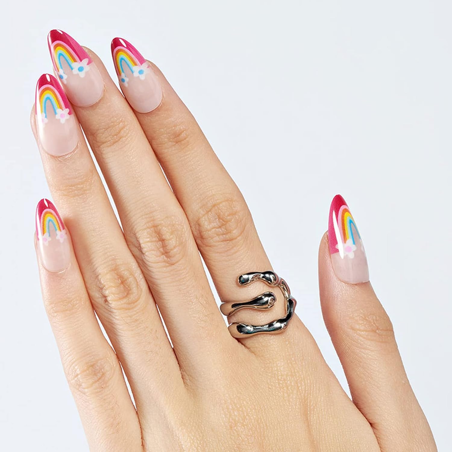 GLAMERMAID – Uñas postizas cortas a presión con punta francesa, uñas postizas de gel ovaladas medianas con diseño de flores de arcoíris, uñas