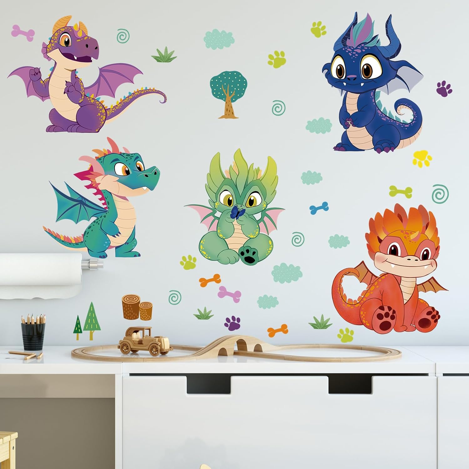 Calcomanías de pared de dragones de dibujos animados, calcomanías de pared de dinosaurio para niños y bebés, removibles para despegar y pegar, arte