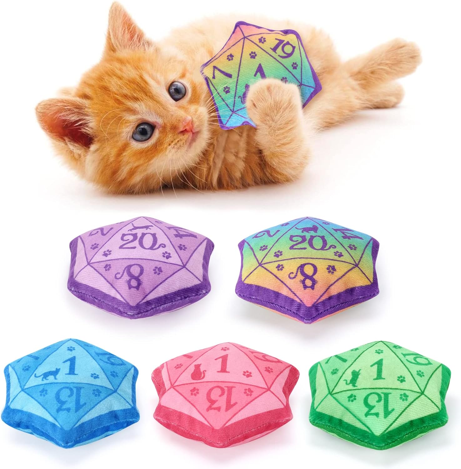 CiyvoLyeen D20 Dados juguete de hierba gatera, juguete interactivo para gatos DND para juegos de rol, juego de mesa, felpa suave, gato, dentición,