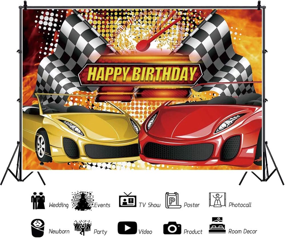 Yeele Telón de fondo con temática de coche de carreras de 5 x 4 pies, color rojo y amarillo, bandera de campeón de auto, fondo de fotografía para