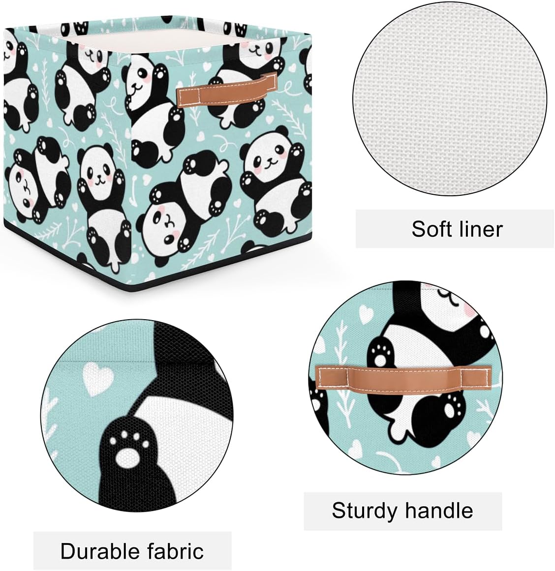 KOBLEN Modern Animal Panda Square Storage Basket Collapsible Storage Box Clothes Basket 13×13 Inch Large Cube Storage Bin With PU Leather Handle for
