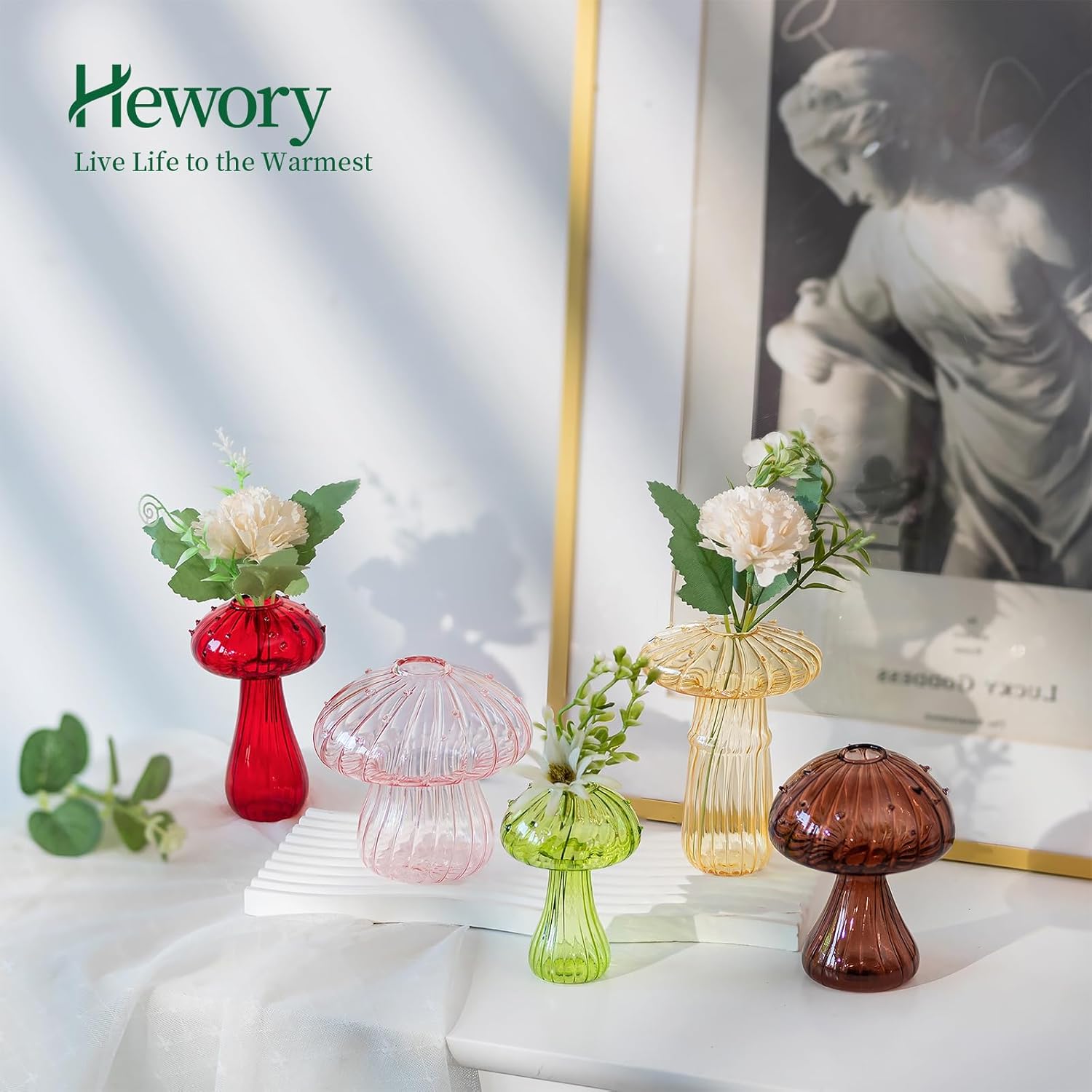 Hewory Jarrón de cristal con forma de hongo para flores, 10 jarrones de flores pequeños de colores únicos, floreros hidropónicos de propagación de