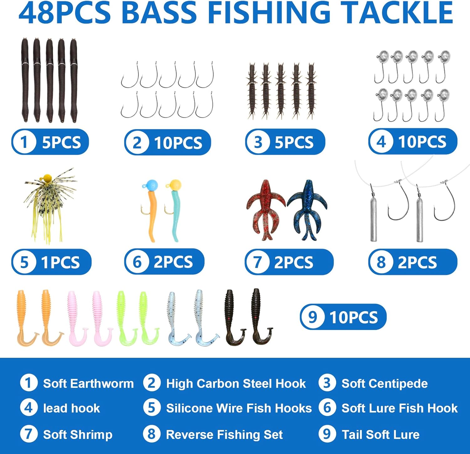 Kit de señuelos de pesca de lubina, 48 piezas, aparejos de pesca para lubina, cebos y señuelos de pesca, gusanos de plástico suave, ciempiés,
