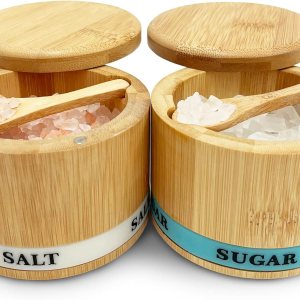 Juego de 2 recipientes de sal y azúcar con tapa y cuchara para especias para bodega, tapa giratoria magnética, soporte para caja de sal de cocina, Juego de 2 recipientes de sal y azúcar con tapa y cuchara para especias para bodega, tapa giratoria magnética, soporte para caja de sal de cocina,