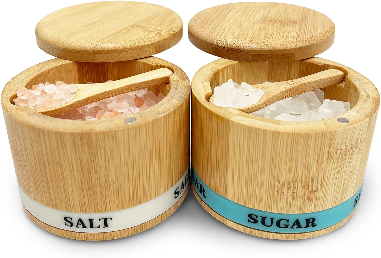 Juego de 2 recipientes de sal y azúcar con tapa y cuchara para especias para bodega, tapa giratoria magnética, soporte para caja de sal de cocina,