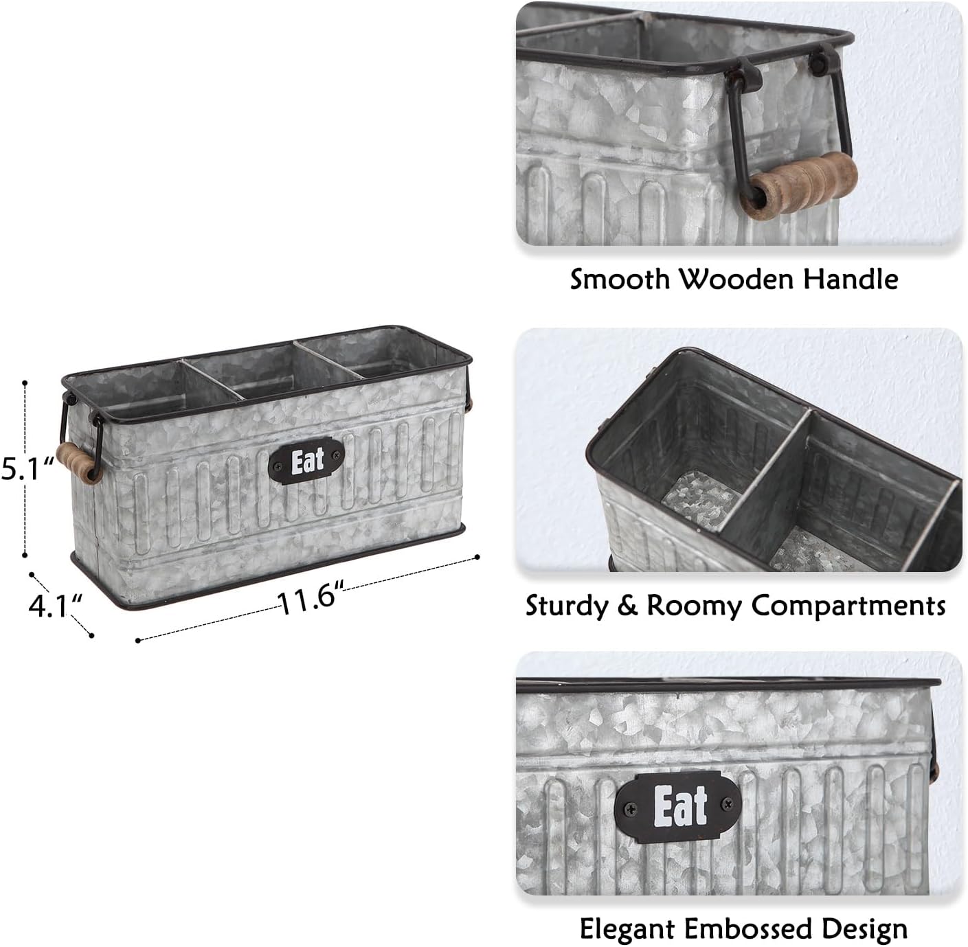 NIKKY HOME Farmhouse – Organizador de cubiertos galvanizado de 3 compartimentos con mango de madera, organizador de cubiertos para encimera de