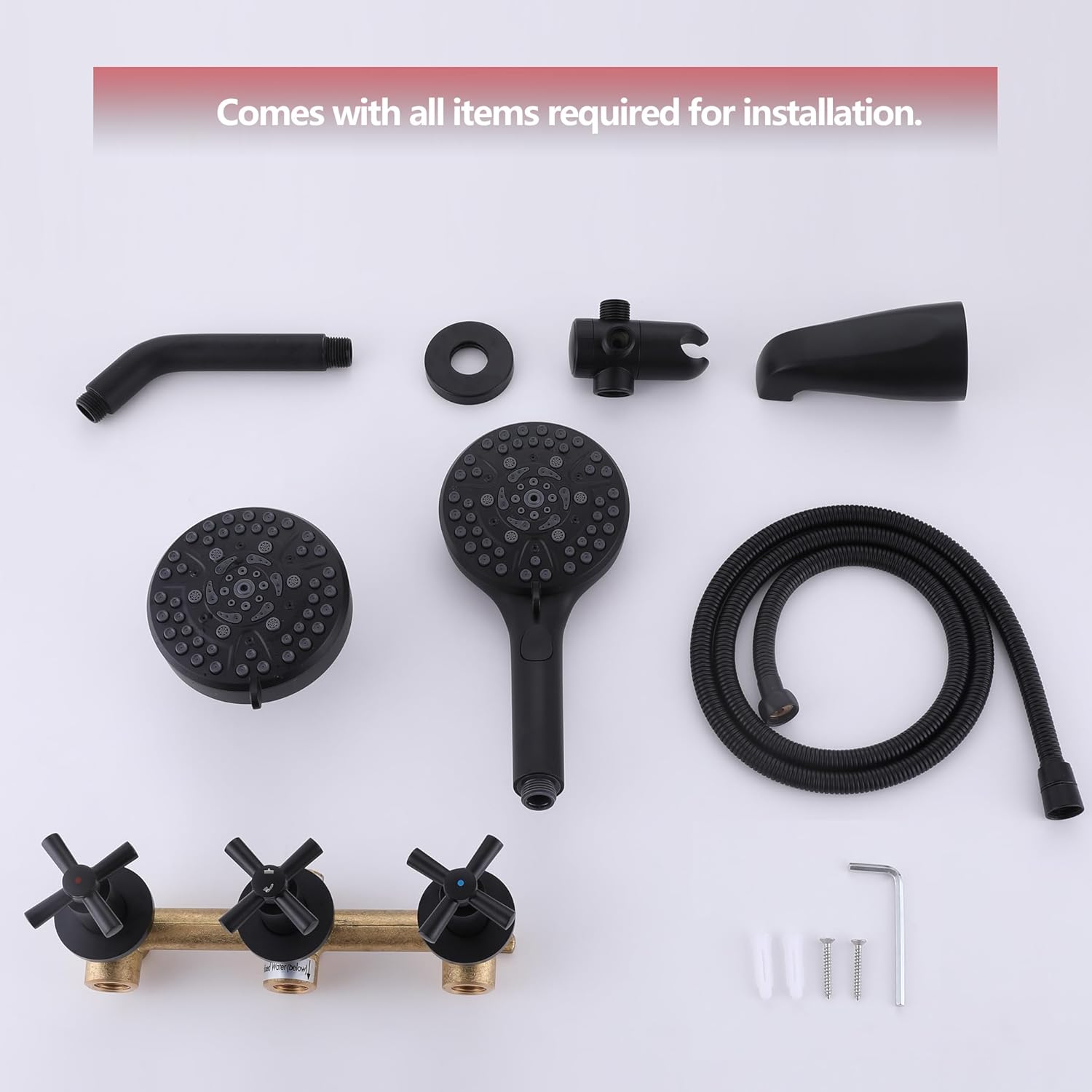 Juego de grifo de ducha de 3 manijas negro mate con boquilla de bañera, kit de molduras de bañera y ducha con válvula NIITAWH