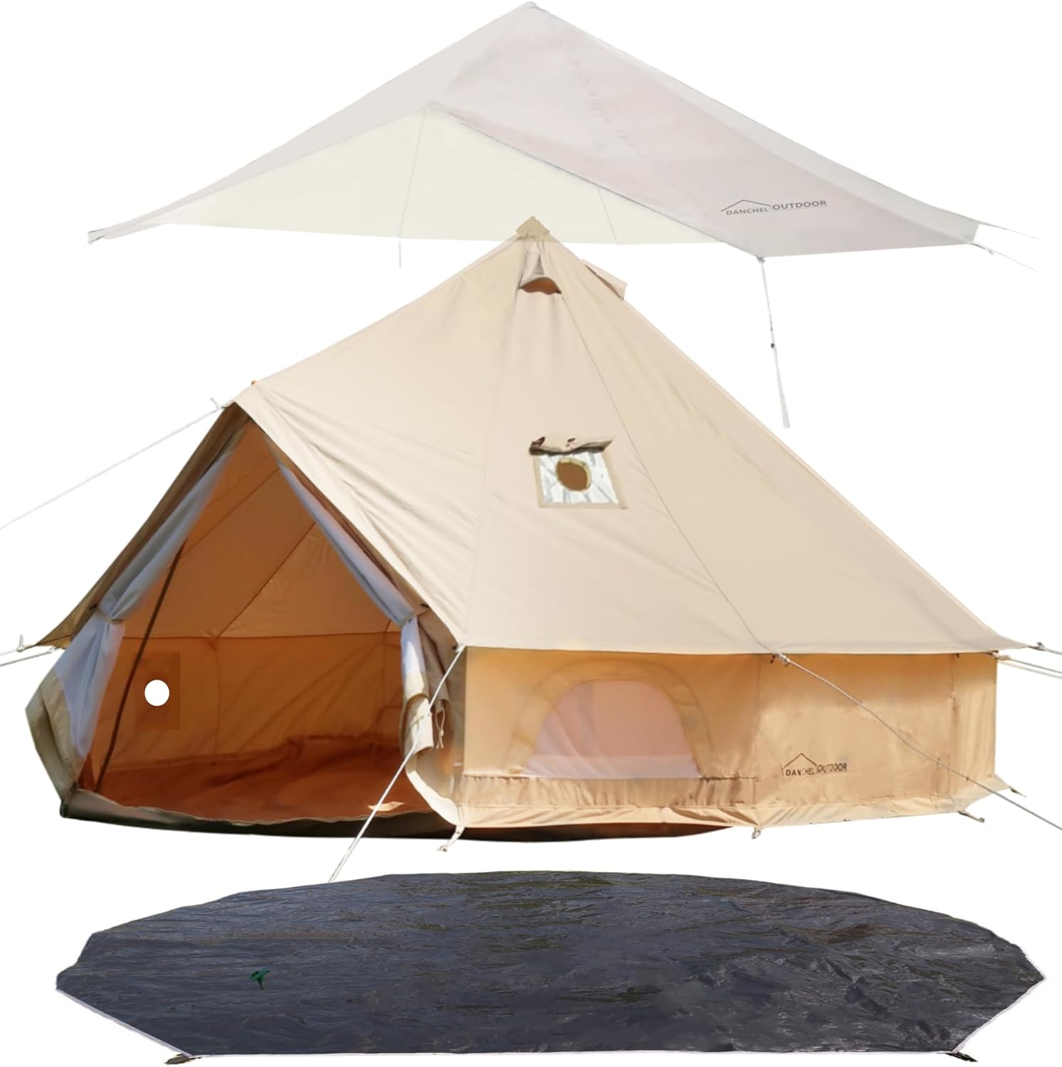 DANCHEL OUTDOOR Tienda de campaña impermeable con gato de estufa, mosca de lluvia para 4 estaciones, lona de huella de tienda de yurta para 4