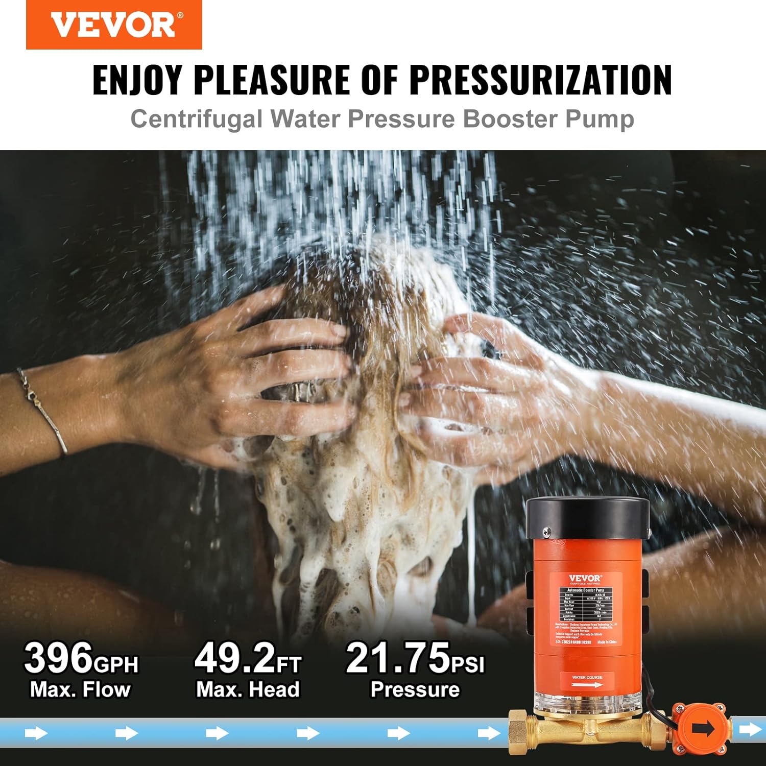 VEVOR Bomba de presión de agua de 120 W, 110 V CA, 396 GPH 21.75 PSI, bomba de presión automática para el hogar, flujo máximo de 25 Lmin con