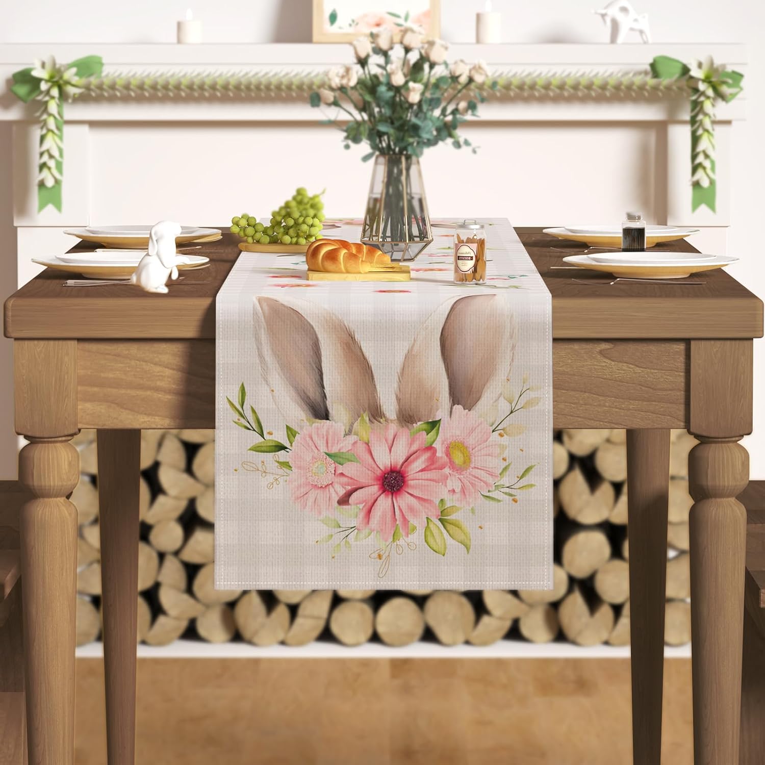 Camino de mesa de Pascua para cocina, comedor, orejas de conejo a cuadros, flores, decoración de mesa de Pascua, camino de mesa de primavera de
