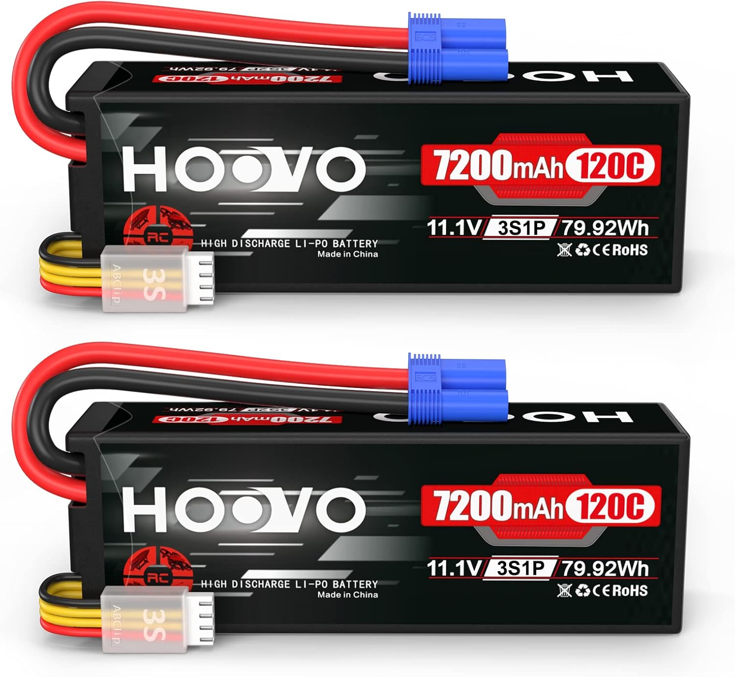 HOOVO Funda rígida de batería Lipo de 11.1 V 120C 7200 mAh 3S con conector EC5 compatible con RC Car Truck Buggy RC Boat Tracxas LOSI Associated