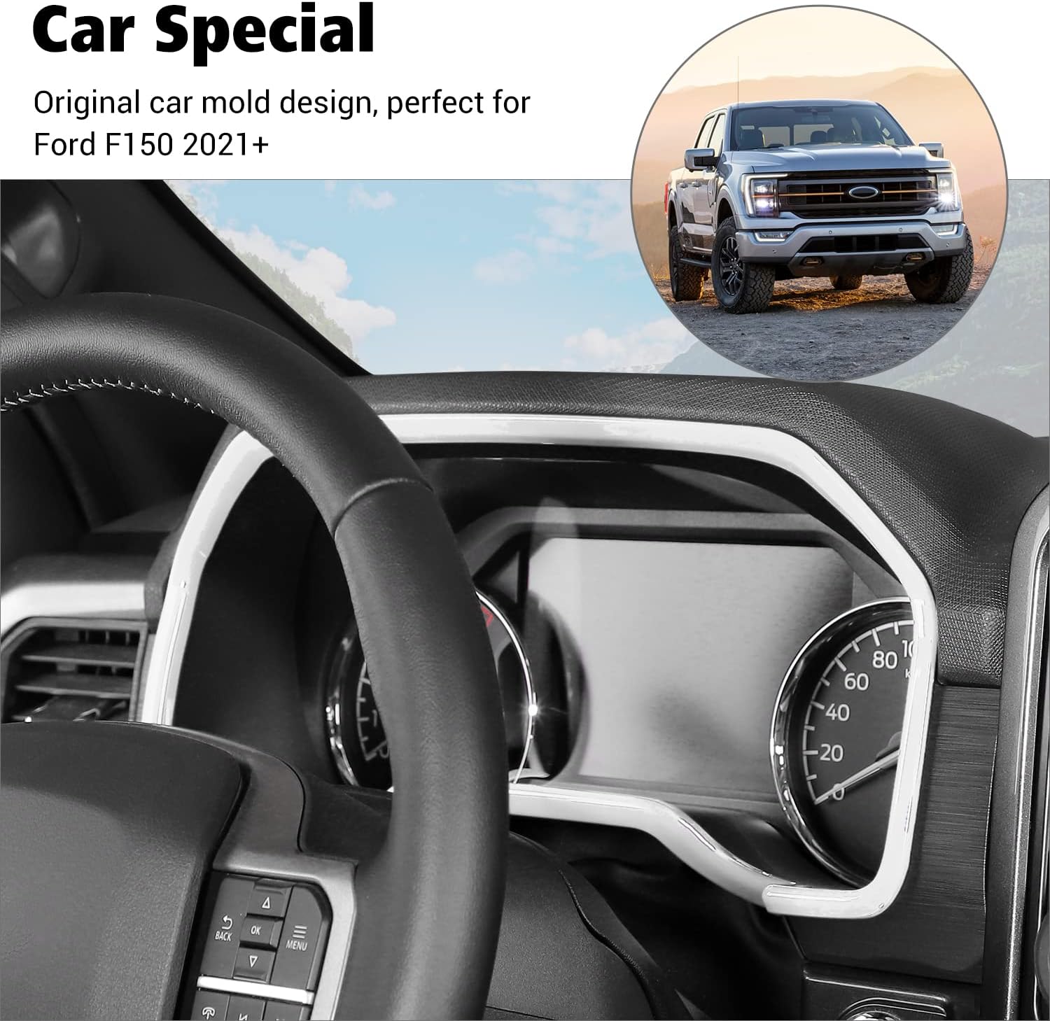 Voodonala Cubierta de anillo para Ford F150 2021 + tablero de instrumentos para Ford F150 2021 2022 Lightning (ABS, 1 unidad, blanco)