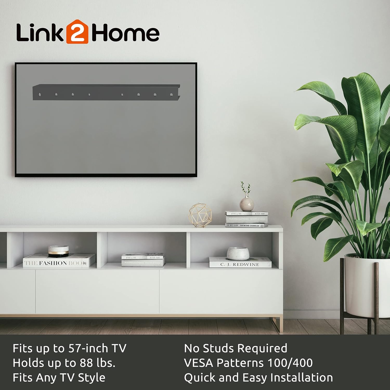 Link2Home Soporte fijo de pared para TV de hasta 57 pulgadas, se monta directamente en paredes de chapa o placas de yeso, no requiere tachuelas,