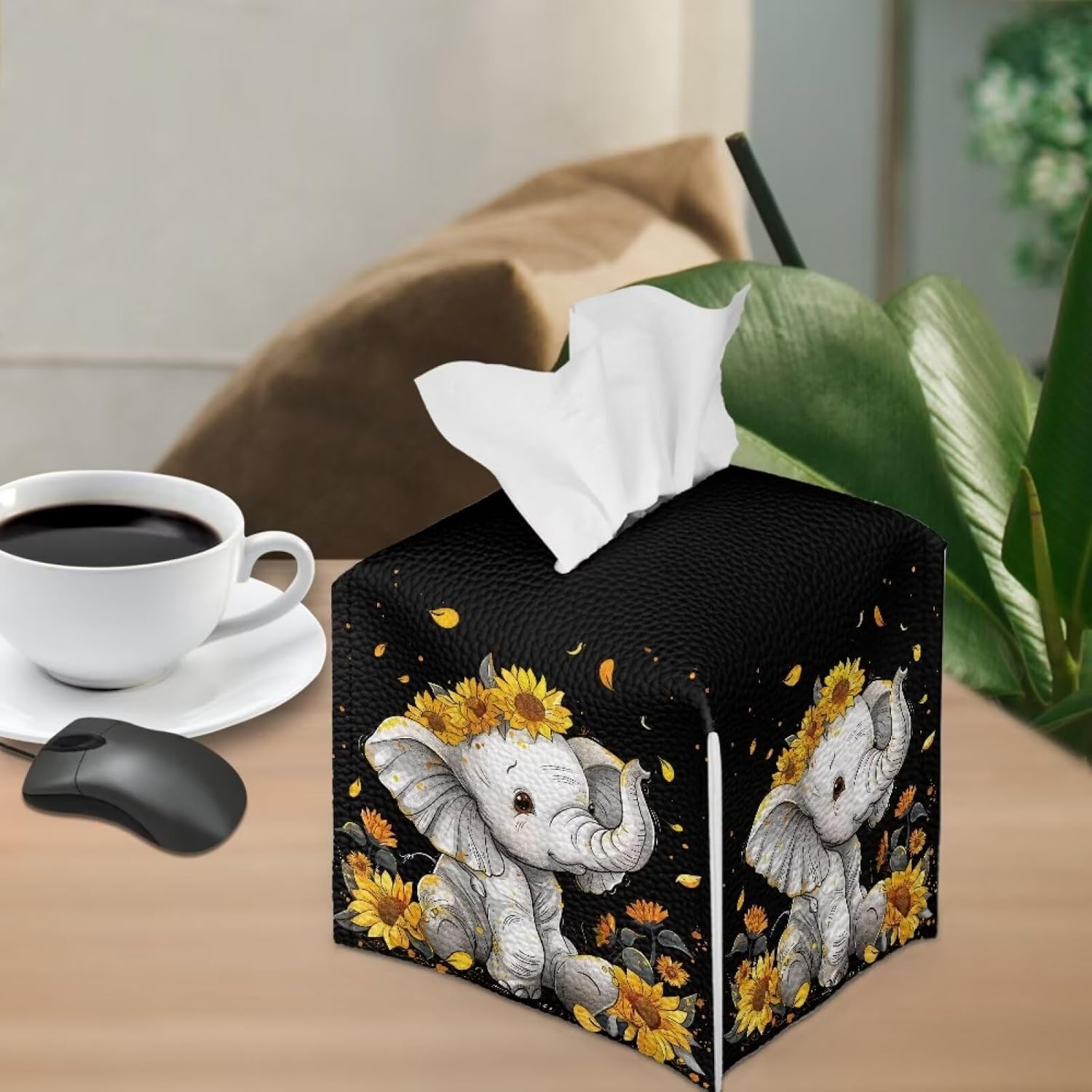 ZFRXIGN Funda cuadrada para caja de pañuelos de girasol y elefante, con cinturón inferior, pañuelos decorativos, cubierta de cubo para encimera de