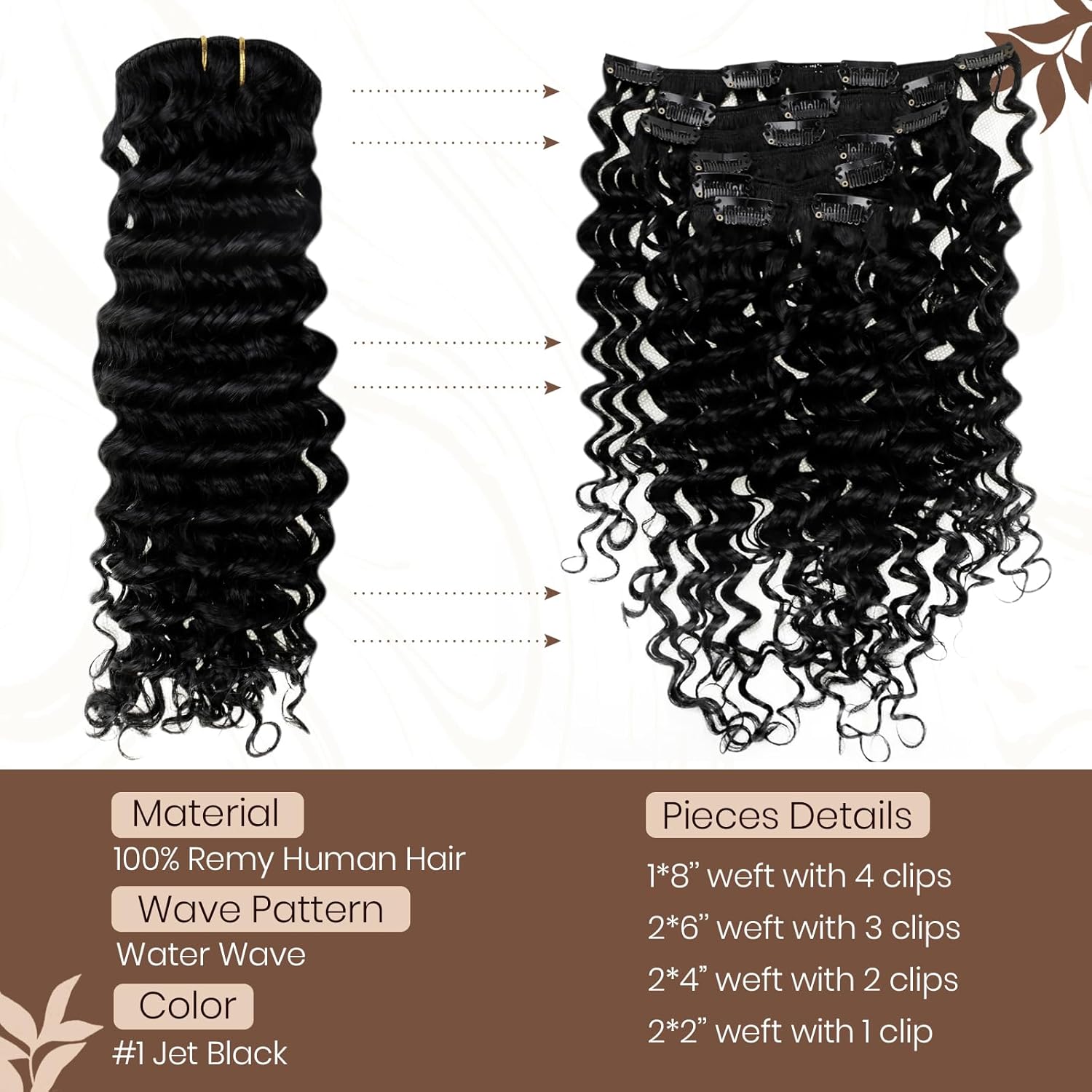 Hetto Extensiones de cabello humano Remy rizado con clip, 20 pulgadas, #1 negro azabache, extensiones de cabello rizado natural con clip, 7