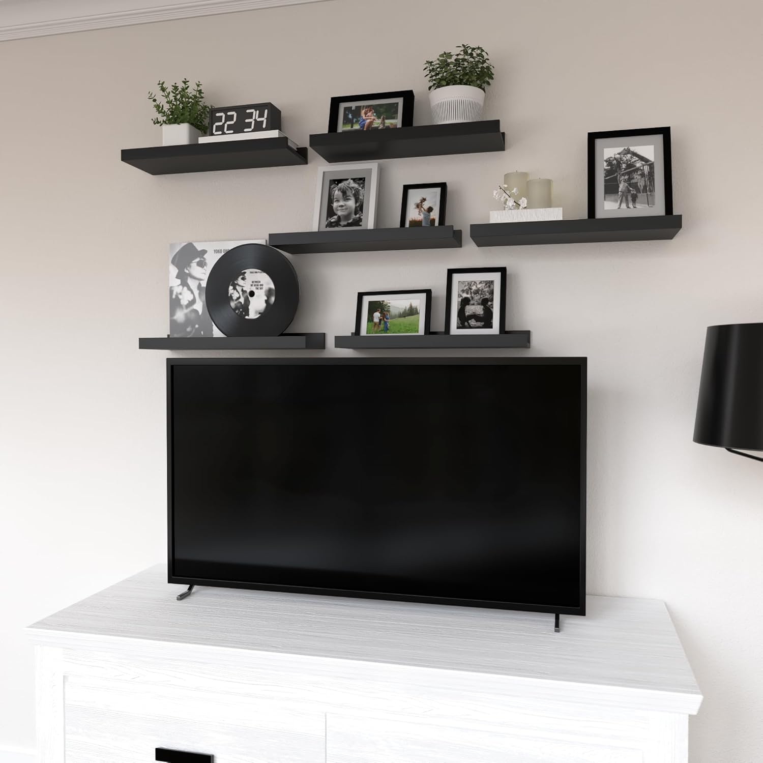 DOLLFIO Juego de 6 estantes flotantes, estantes de pared negros con labio, estantes de exhibición para decoración de pared, repisa de imagen moderna
