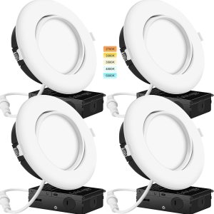 Paquete de 4 luces empotrables cardán de 6 pulgadas, luz LED de globo ocular con rotación y giro con caja de conexiones, 5CCT (2700K-5000K) Paquete de 4 luces empotrables cardán de 6 pulgadas, luz LED de globo ocular con rotación y giro con caja de conexiones, 5CCT (2700K-5000K)