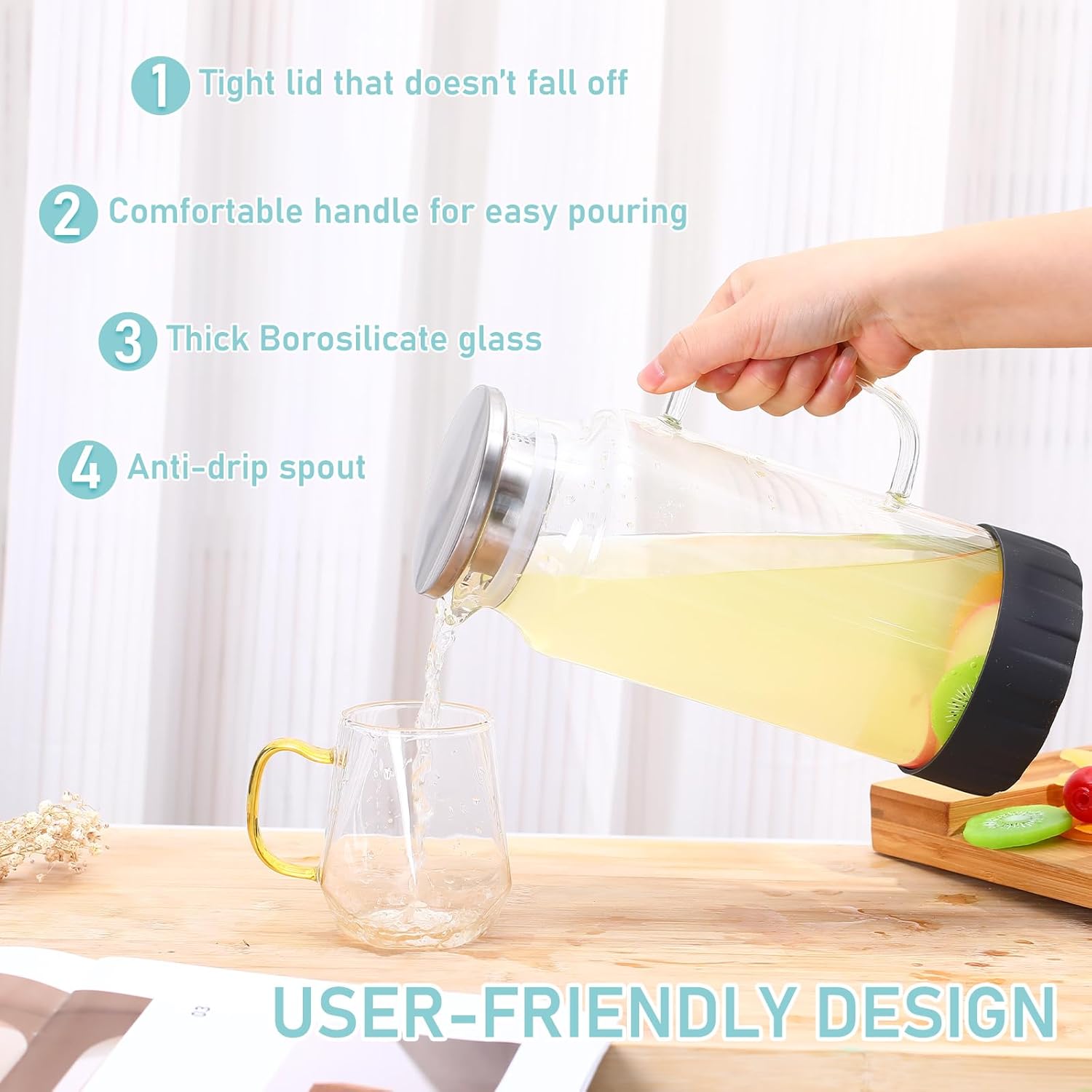 Jarra de vidrio con tapa, jarra de agua de vidrio calientefría con asa, jarra de vidrio para refrigerador, té helado, café, jugo, bebidas caseras