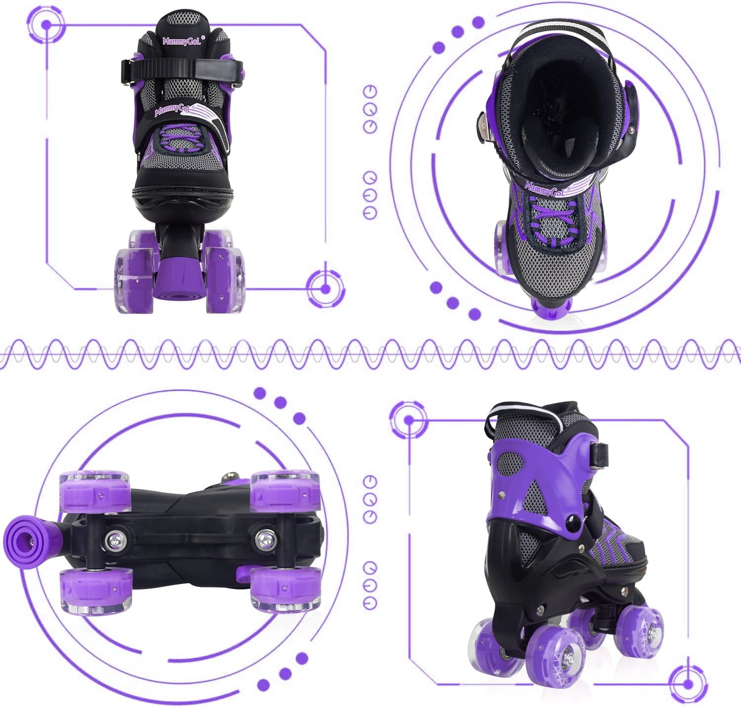 MammyGol Patines de ruedas para niños y niñas, 4 tamaños ajustables para niños y jóvenes, con todas las ruedas iluminadas, patines cuádruples para