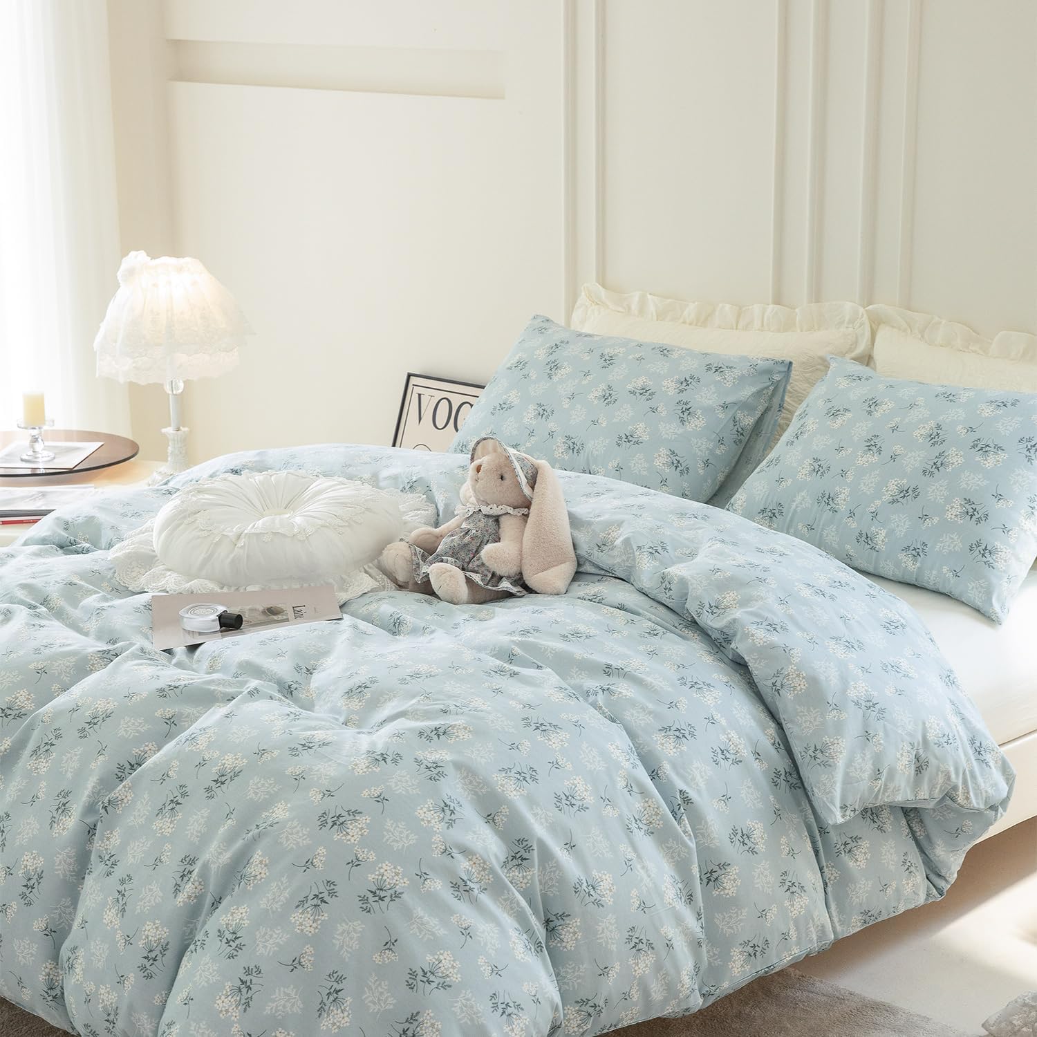 Juego de fundas de edredón tamaño Queen floral, 100% algodón, elegante juego de ropa de cama de flores tamaño Queen, 3 piezas, estilo jardín, azul y