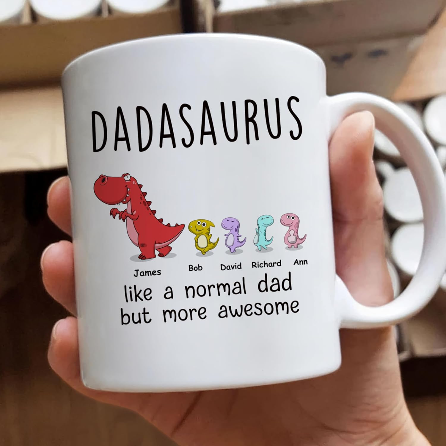 Gossby Taza personalizada DADASAURUS (4 niños)  Divertida taza de café para papá de parte de hija, hijo con avatares de dinosaurios, nombres, regalo