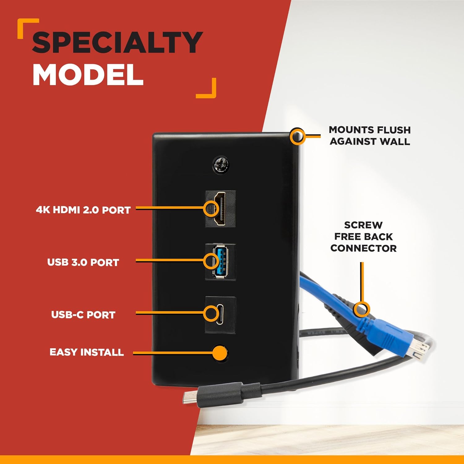 BUYER’S POINT Placa de pared USB-C, HDMI y USB  Kit de medios de 3 puertos con certificación UL con todas las conexiones de coleta, perfecto para PC
