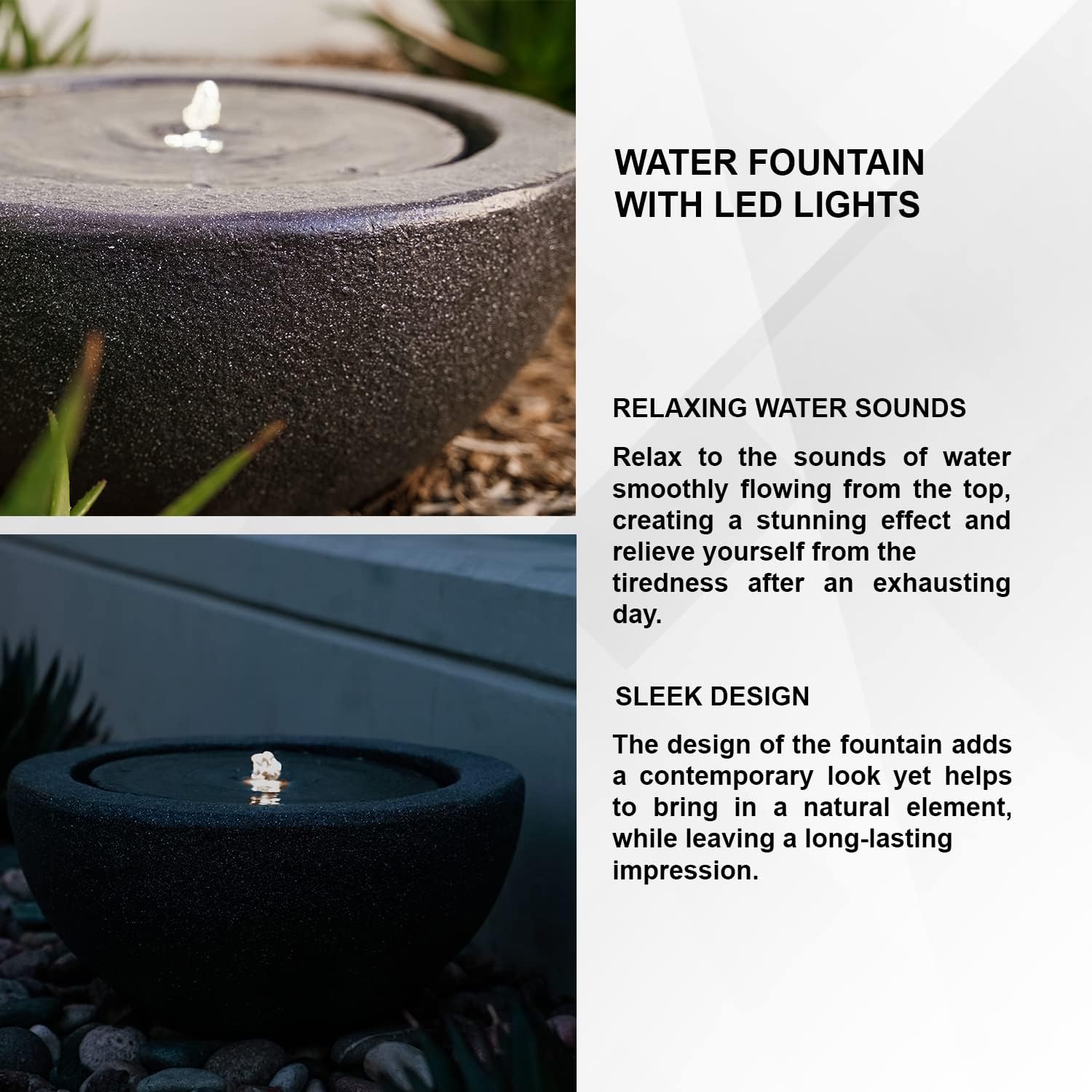 XBrand GE2010FTBK – Fuente de agua redonda con luz LED para interiores y exteriores, 10 pulgadas de alto, color gris