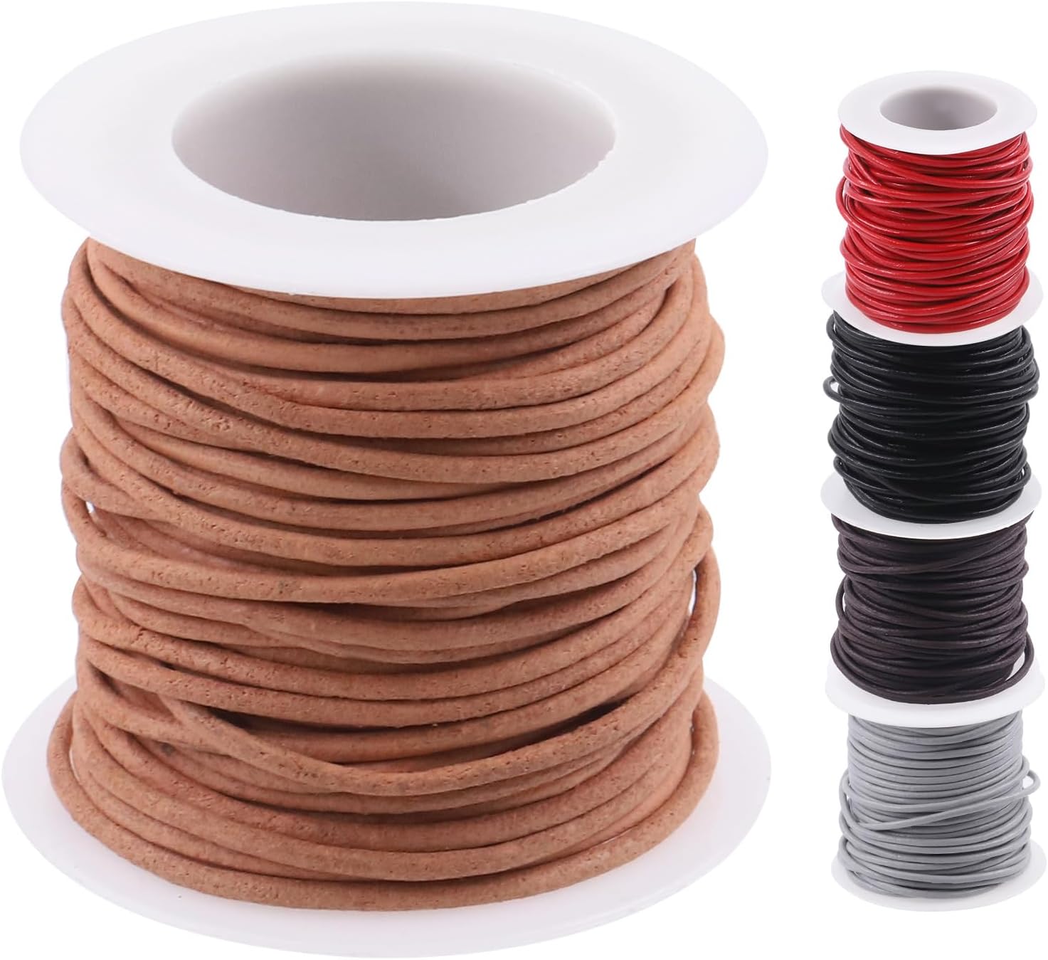 Swpeet 1 rollo de cuerda de cuero de color natural de 0.079 in x 11 yardas, cuerda de cuero de vaca redonda para manualidades, cuerda de cuero crudo